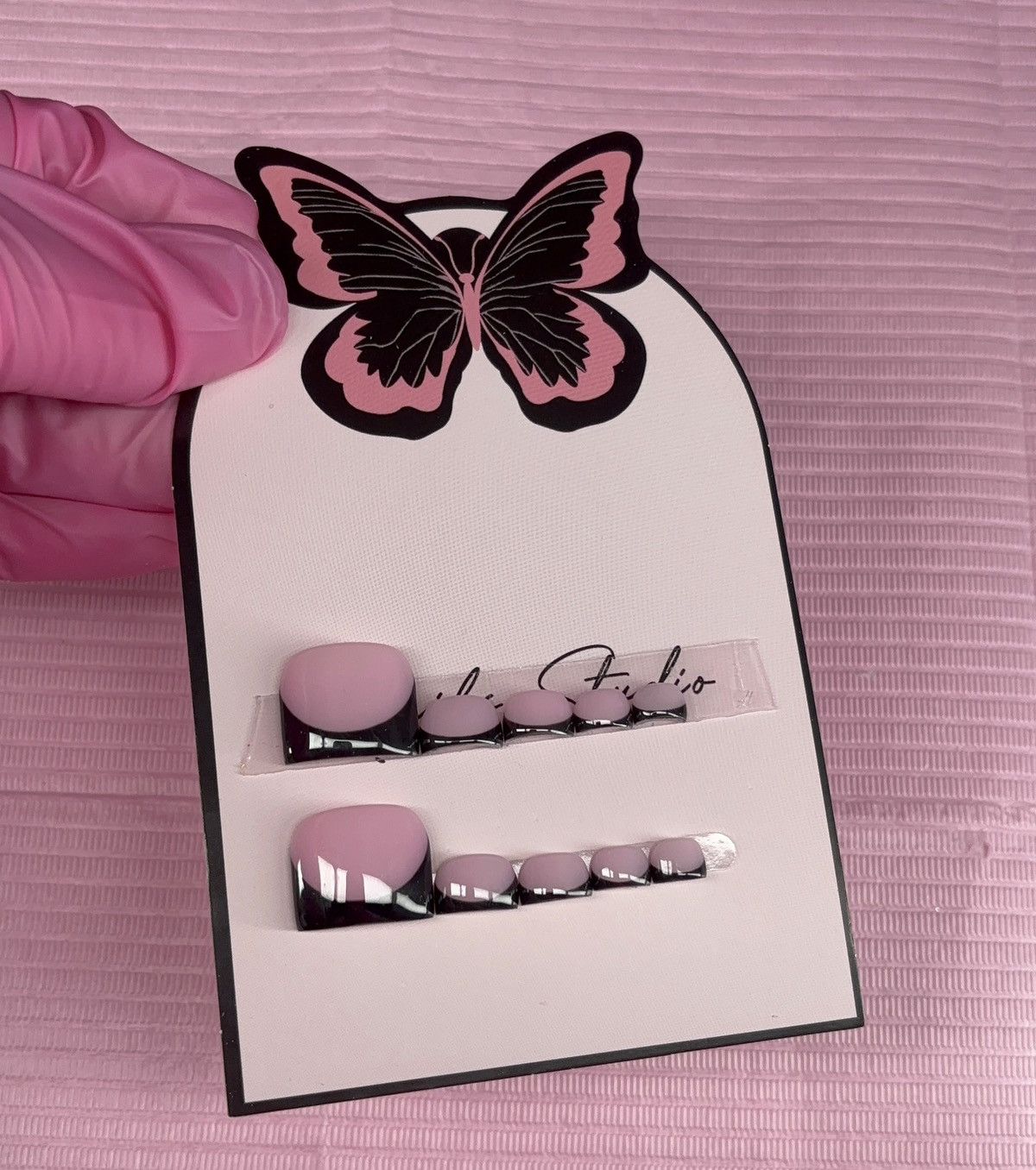 Handmade press on toenails pink nude black French tips handmade gel Size ONE SIZE - 16 Thumbnail