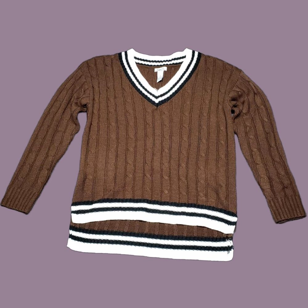 Vintage Rue21 Sweater Womens XS Brown Striped Long Sleeve V-Neck Cable Knit Pullover New Size XS / US 0-2 / IT 36-38 - 1 Thumbnail