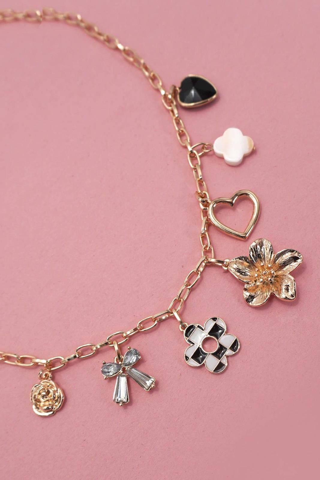 Other Charm Necklace Bow Checker Heart Rhinestone Size ONE SIZE - 1 Thumbnail