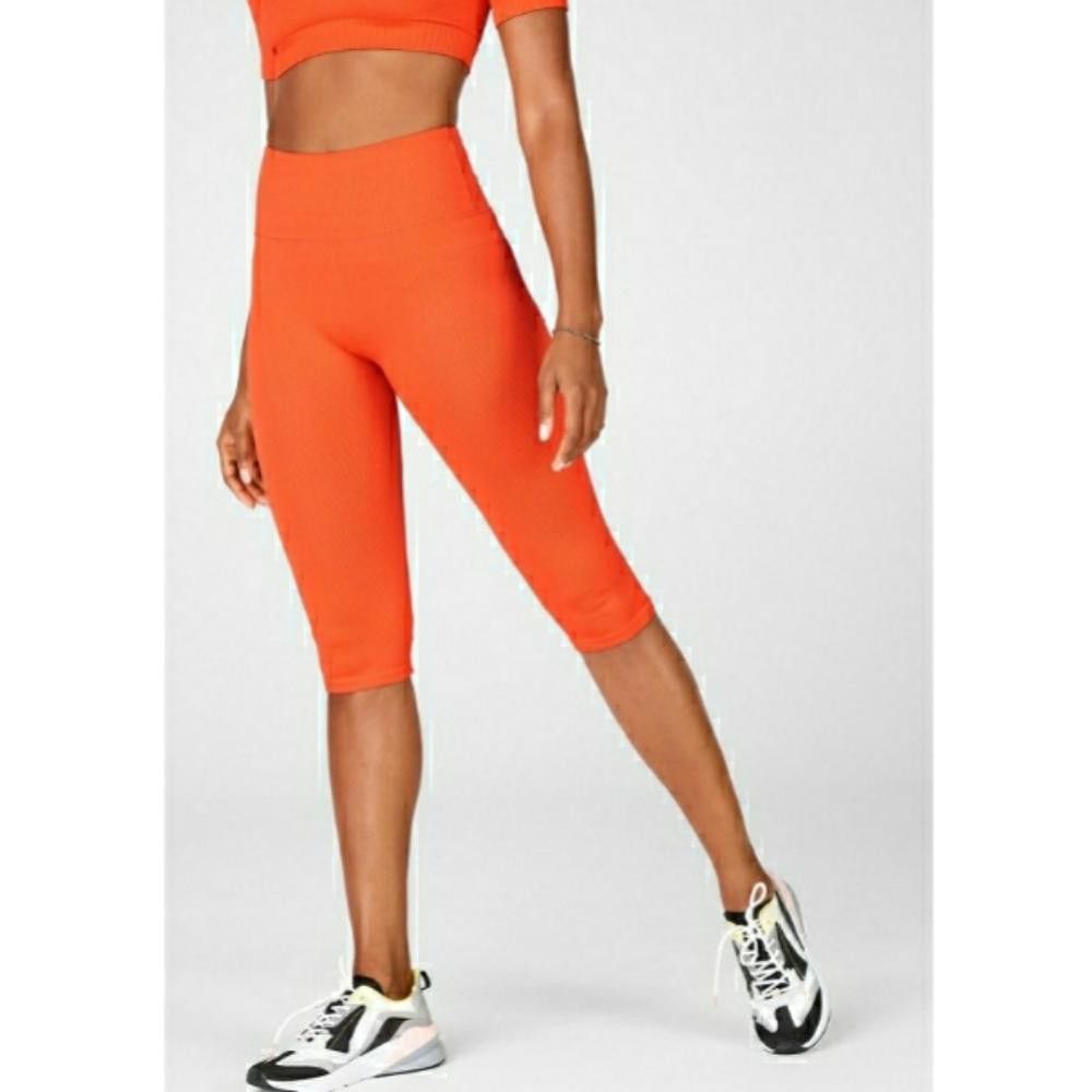 Fabletics Orange Ribbed Fabletics High Waisted Capri Size 25" / US 0 / IT 36 - 3 Thumbnail