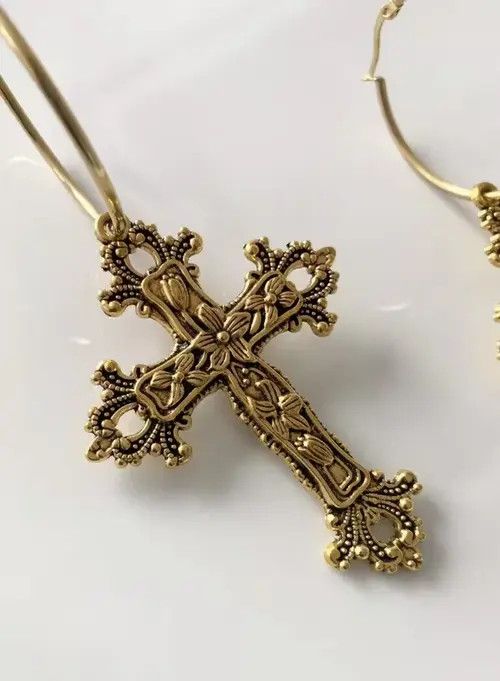 Japanese Brand Antique Cross Gold Hoop Earrings Size ONE SIZE - 2 Thumbnail