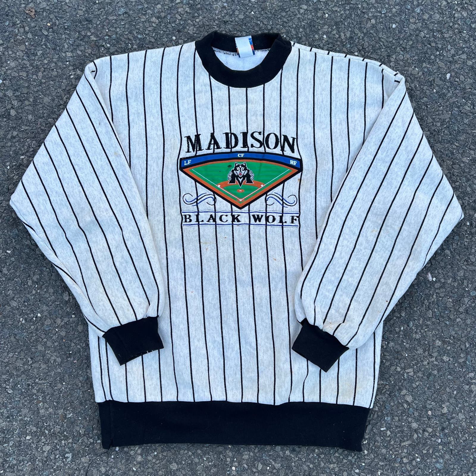 image of Vintage Madison Black Wolf League Baseball Crewneck Sweat in White, Men's (Size Large)