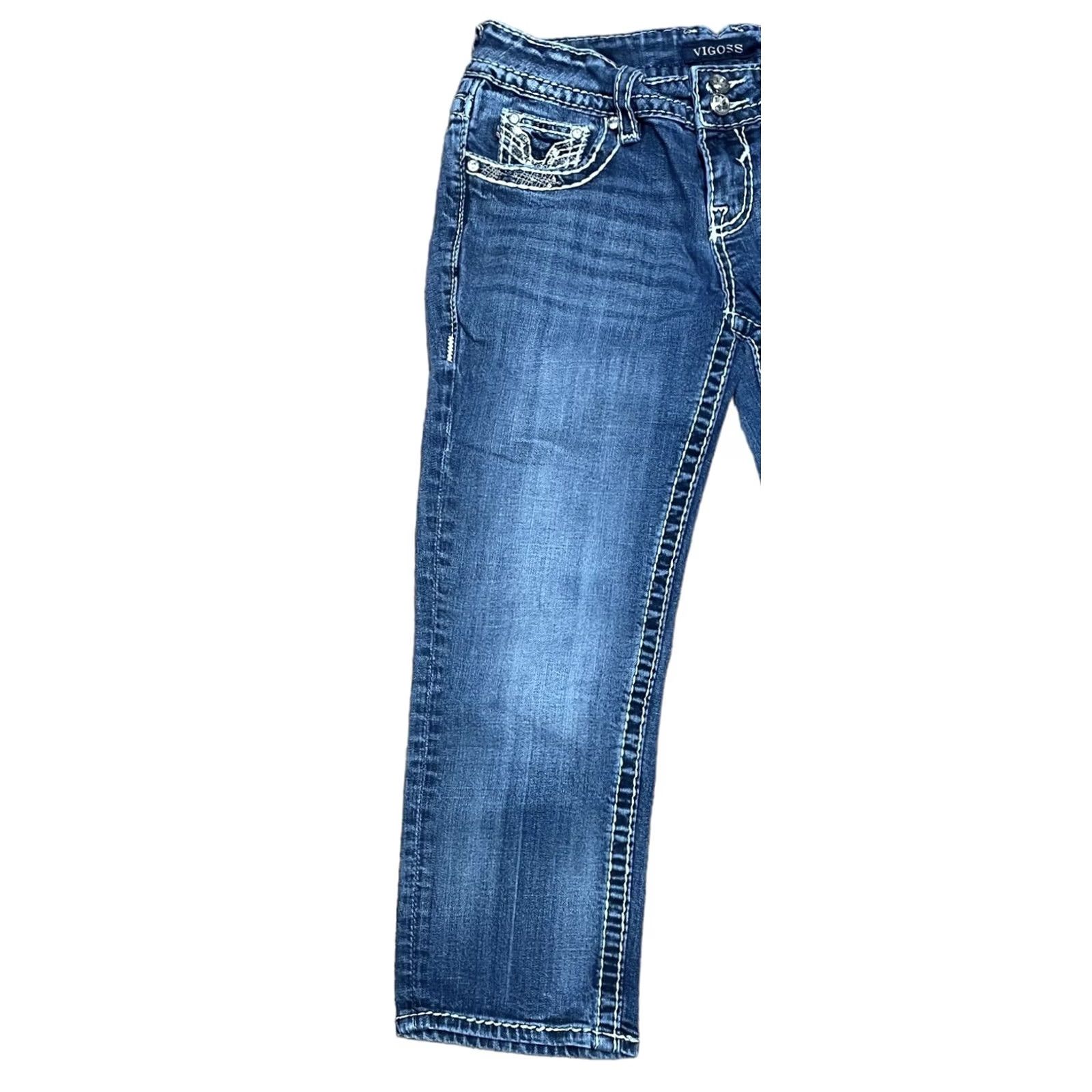 Vintage VIGOSS Jeans Capri Blue Studded Rhinestone Buttons Embroidered 3-4 28 Inseam 21in 5-Pocket Womens Capris Size 28" / US 6 / IT 42 - 2 Thumbnail