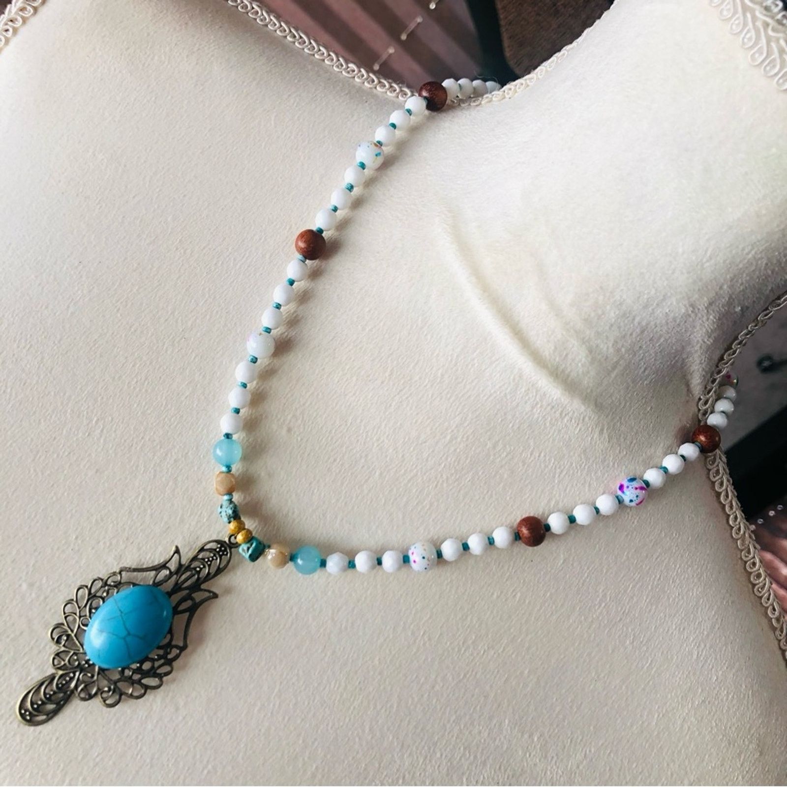 Handmade Handcrafted large howlite filigree pendant beaded necklace Size ONE SIZE - 1 Thumbnail