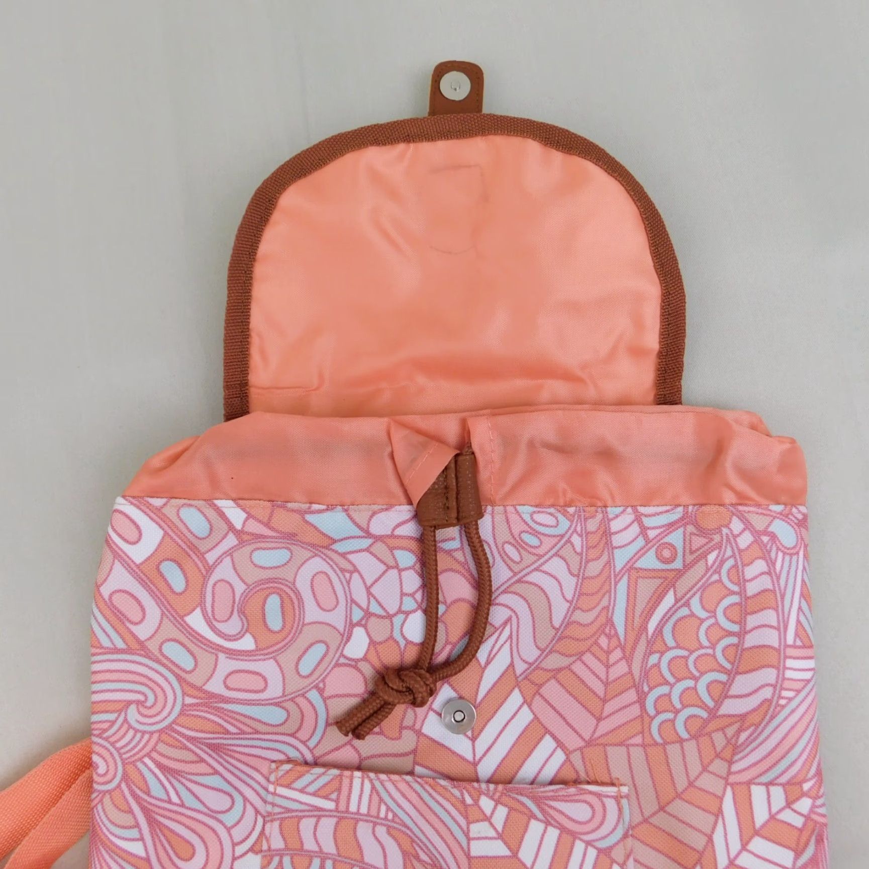 Vintage Unbranded Abstract Peach Drawstring Snap Flap Printed Canvas Mini Backpack Women Peach Geometric Bohemian School 13" x 11.5" Backpack Mens Women Girls Size ONE SIZE - 6 Thumbnail