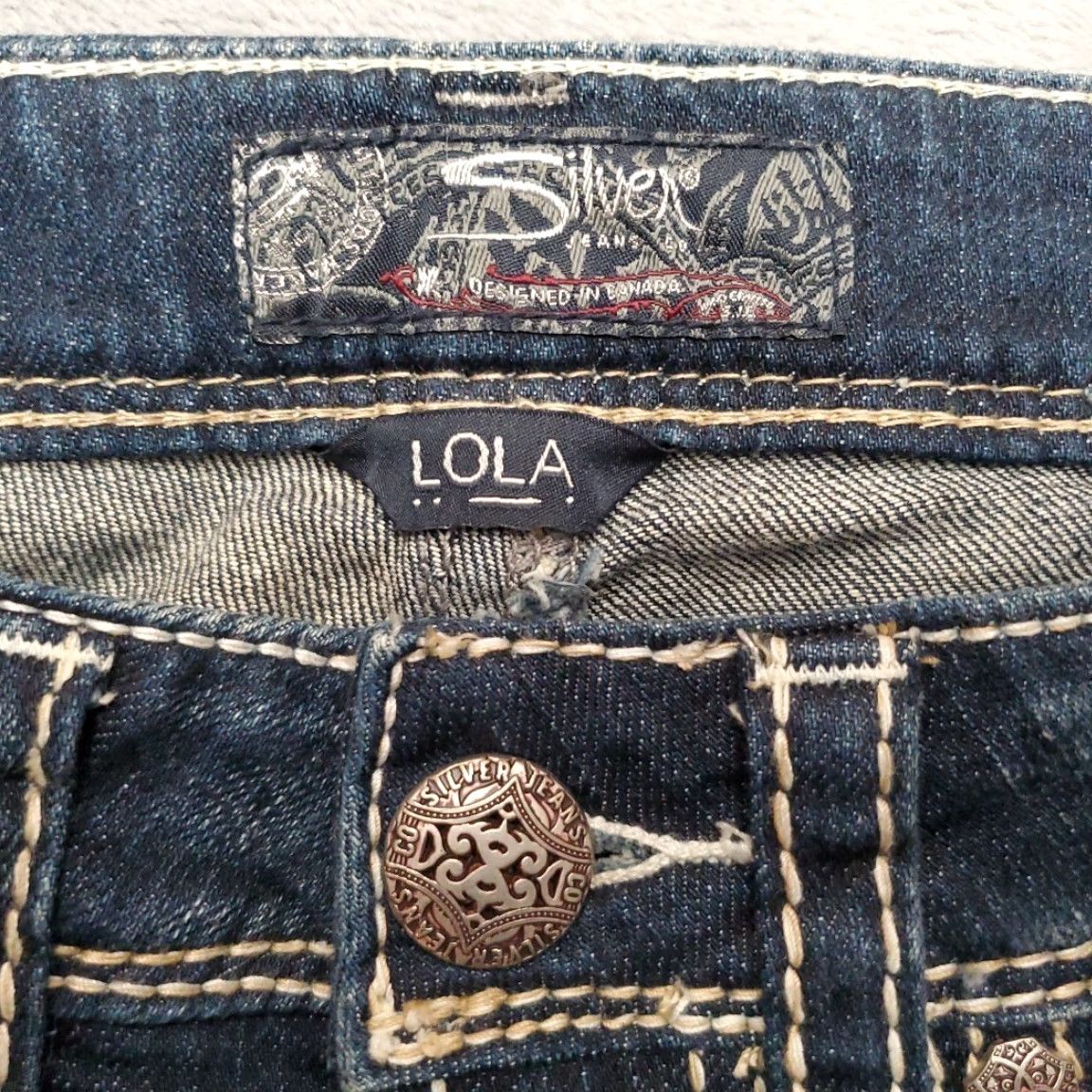 Silver Jeans Co. VINTAGE Silver Jeans Womens 26x31 Lola Bootcut Stretch Thick Stitch Cowboy Jeans Blue Solid Denim Inseam 31in Pockets Belt Loops Mens Women Girls Size 26" / US 2 / IT 38 - 5 Thumbnail