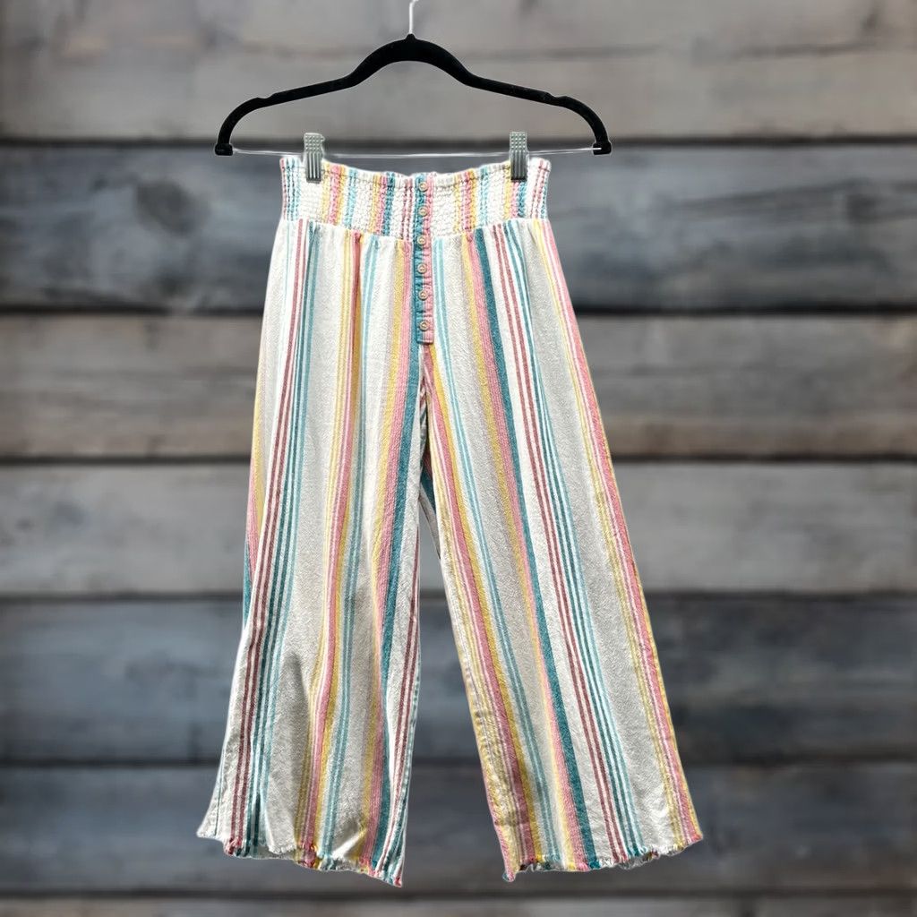 Vintage VINTAGE Indigo Rein Wide Leg Linen Blend Pants Womens XS Pastel Striped Cropped Frayed Size 26" / US 2 / IT 38 - 1 Thumbnail