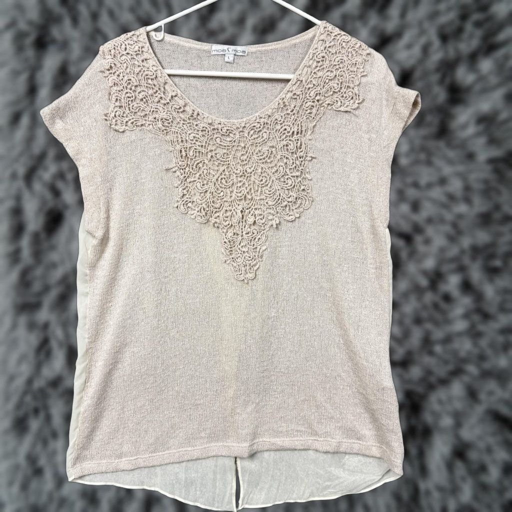 Vintage Moa Moa Blouse Shirt Womens Large Beige Crochet Cap Sleeve Scoop Neck Knit Lightweight Sheer Relaxed Vintage No Size L / US 10 / IT 46 - 1 Thumbnail