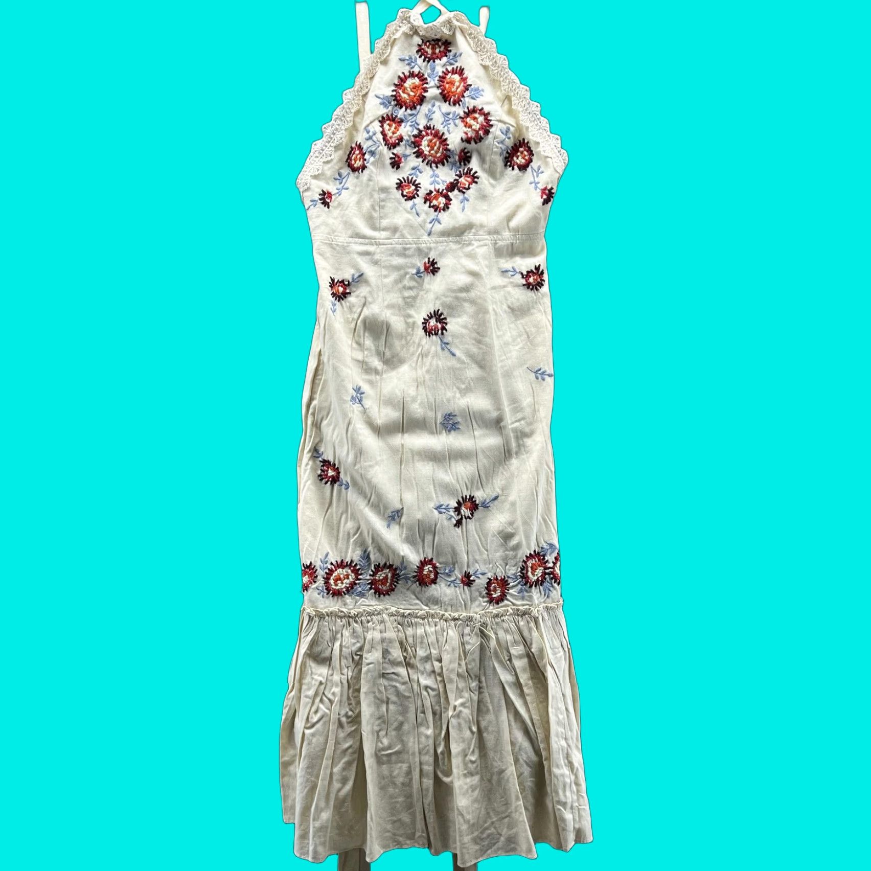 Free People Free People Dress Womens 4 White Floral Embroidered Halter Knee Length Sundress Size S / US 4 / IT 40 - 1 Thumbnail