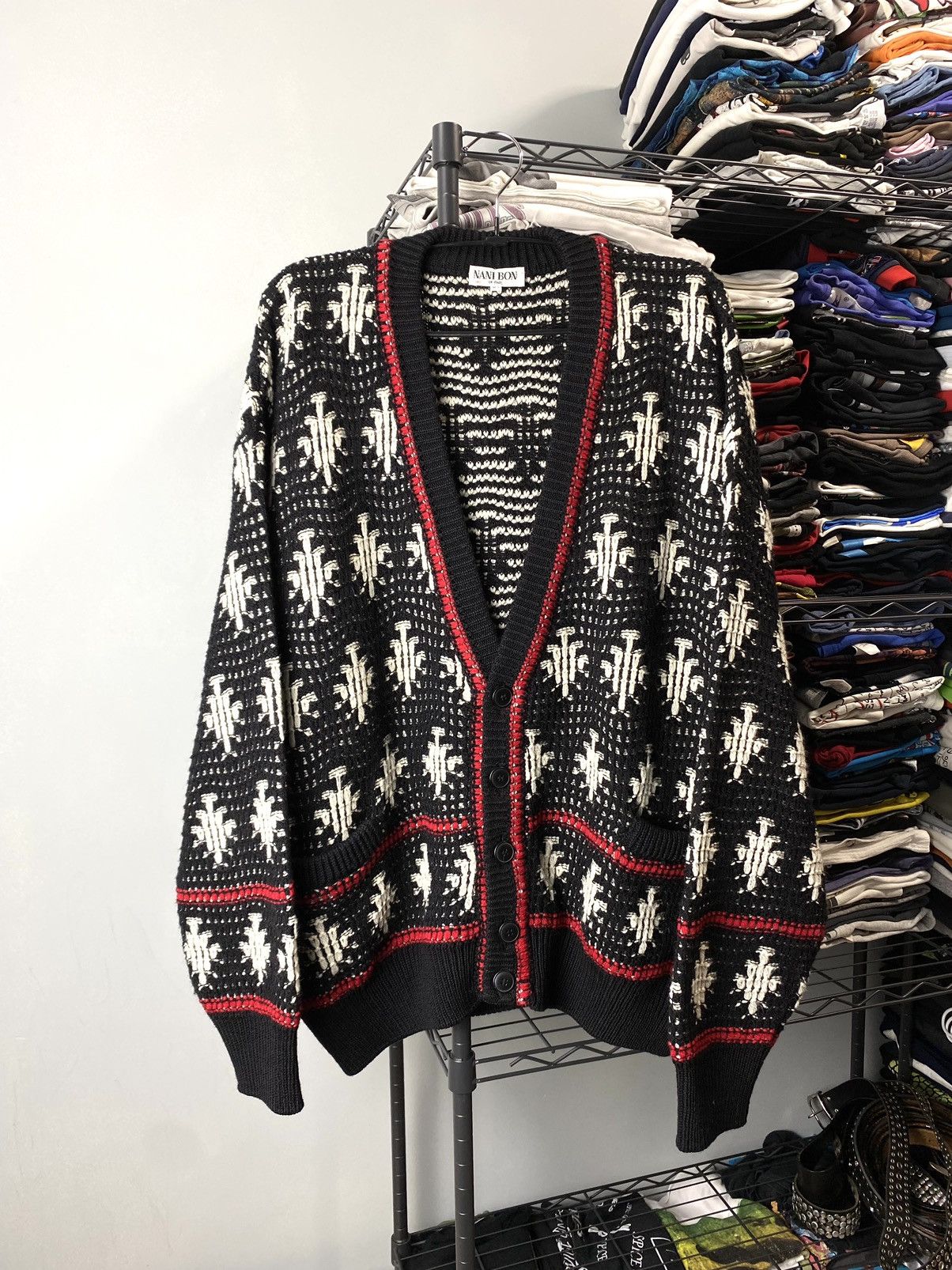Vintage Rare! Nani Bon Wool Luxury Cardigan Sweater Abstract Knit Size US L / EU 52-54 / 3 - 1 Thumbnail