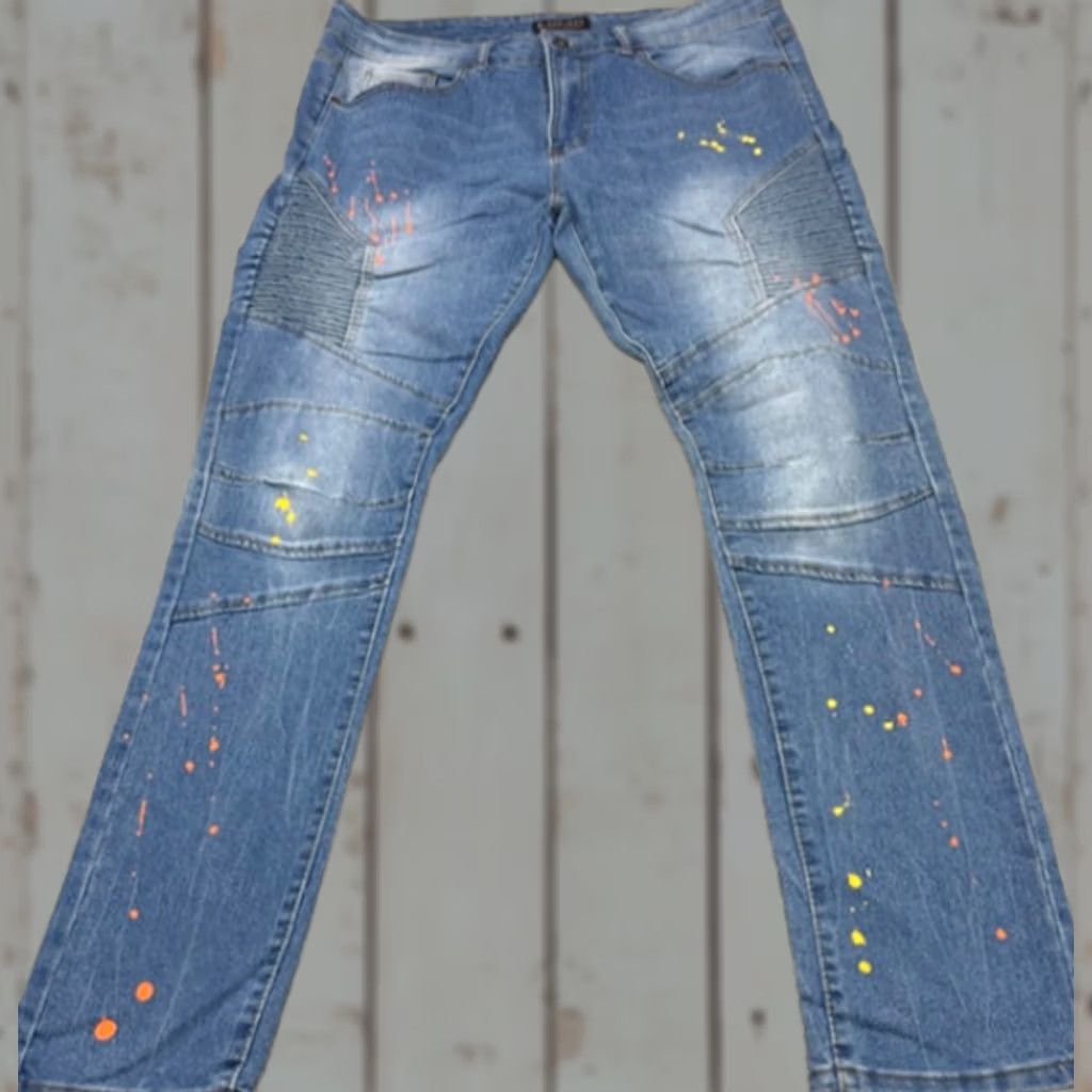 Vintage M Society Jeans Mens 36x32 Blue Denim Distressed Skinny Paint Splatter Ribbed Jeans Size US 36 / EU 52 - 1 Thumbnail