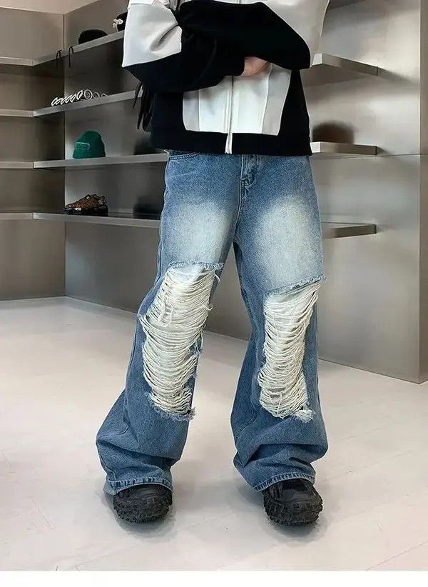 VIBE Baggy distressed ripped wide leg y2k jeans Size US 34 / EU 50 - 7 Thumbnail