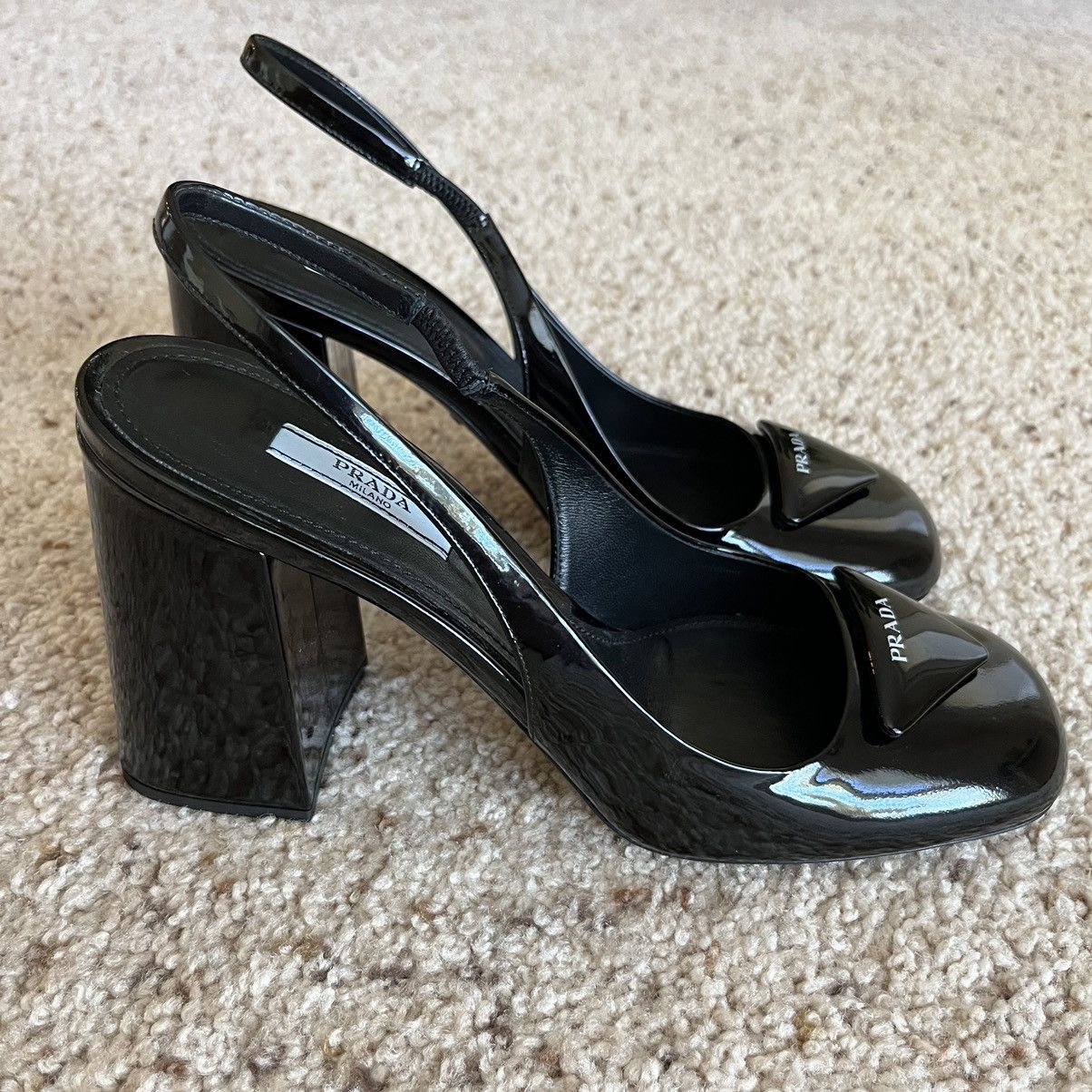 2024 Prada Black Leather Platform Slingback Heels Sandals Size 8 / 8.5