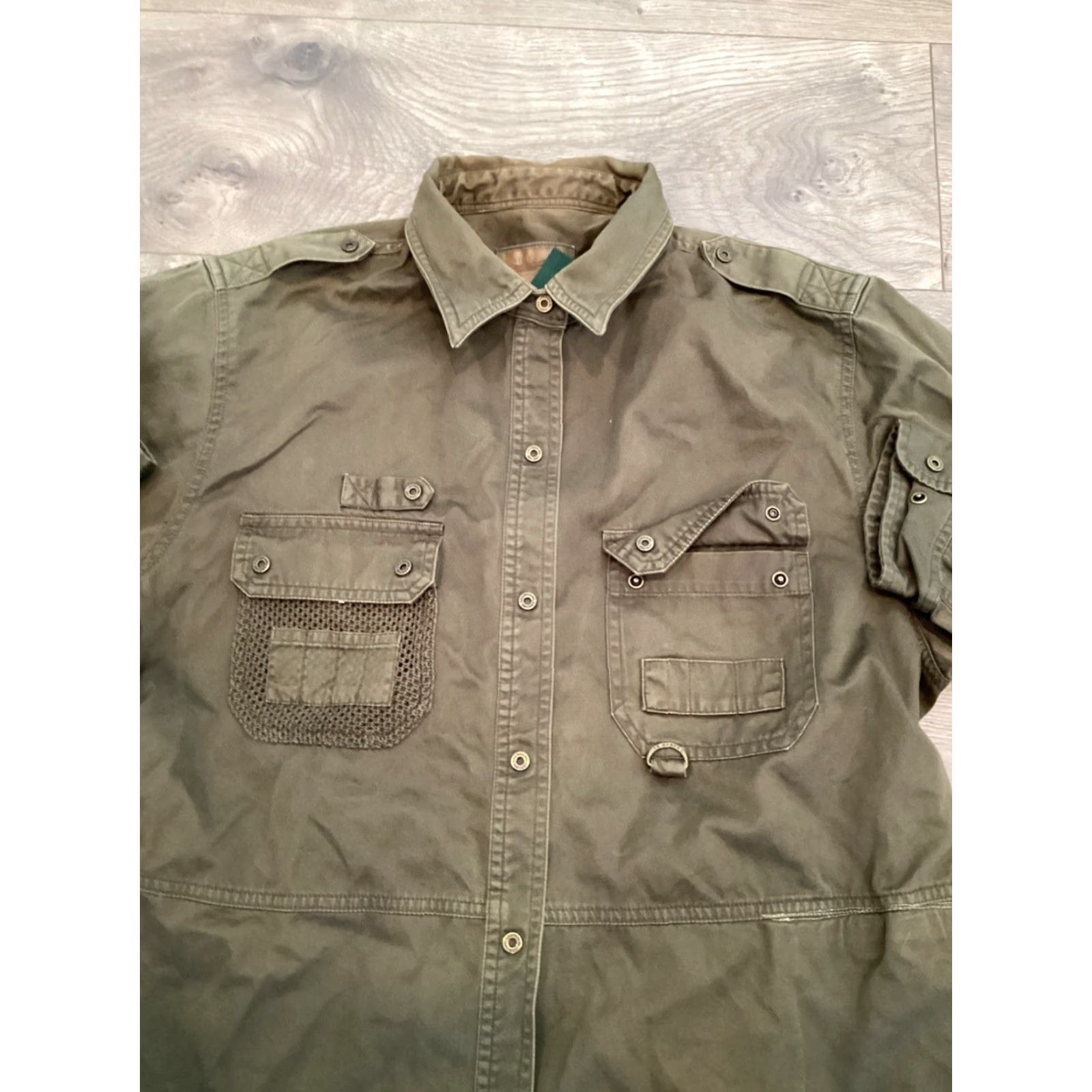 Olive VINTAGE Lauren LRL Women Shirt Adult Large Green Cotton Necks Collared Short Sleeve Snap Front Utility 1967 Military Logo Pockets Mens? Girls? Wait. Size L / US 10 / IT 46 - 3 Thumbnail