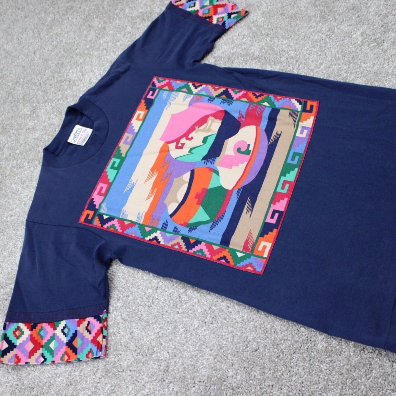 Vintage VINTAGE Oneita Power/50 Shirt Mens Medium Blue Aztec Southwest Tribal S/S Size US M / EU 48-50 / 2 - 6 Thumbnail