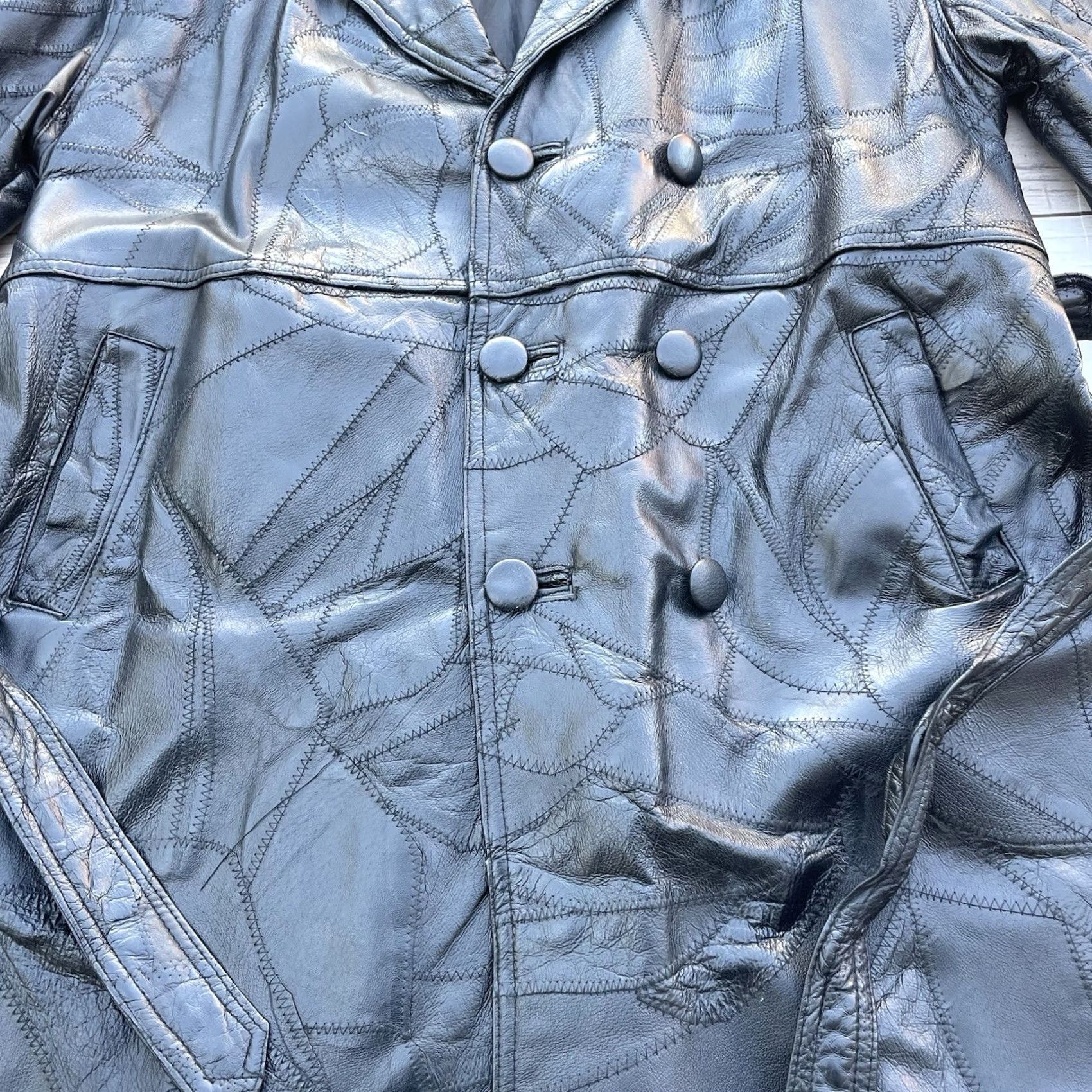 Vintage Men's Black Patch Leather Full-Length Trench Coat Belted 2XL 3 Button Jacket Size US XXL / EU 58 / 5 - 4 Thumbnail