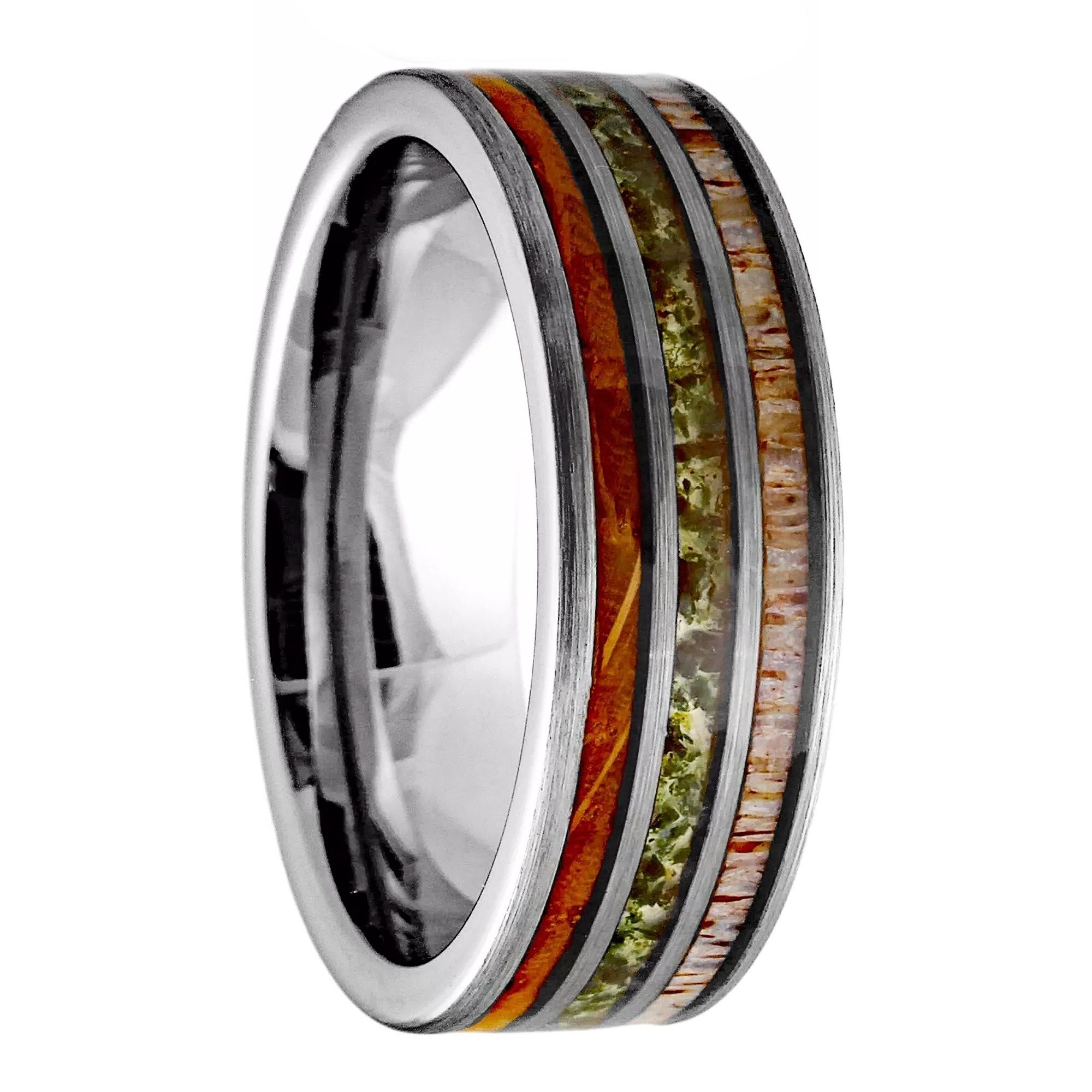 Other Tungsten Silver Moss Agate Deer Antler & Wood Band Ring Size ONE SIZE - 2 Thumbnail