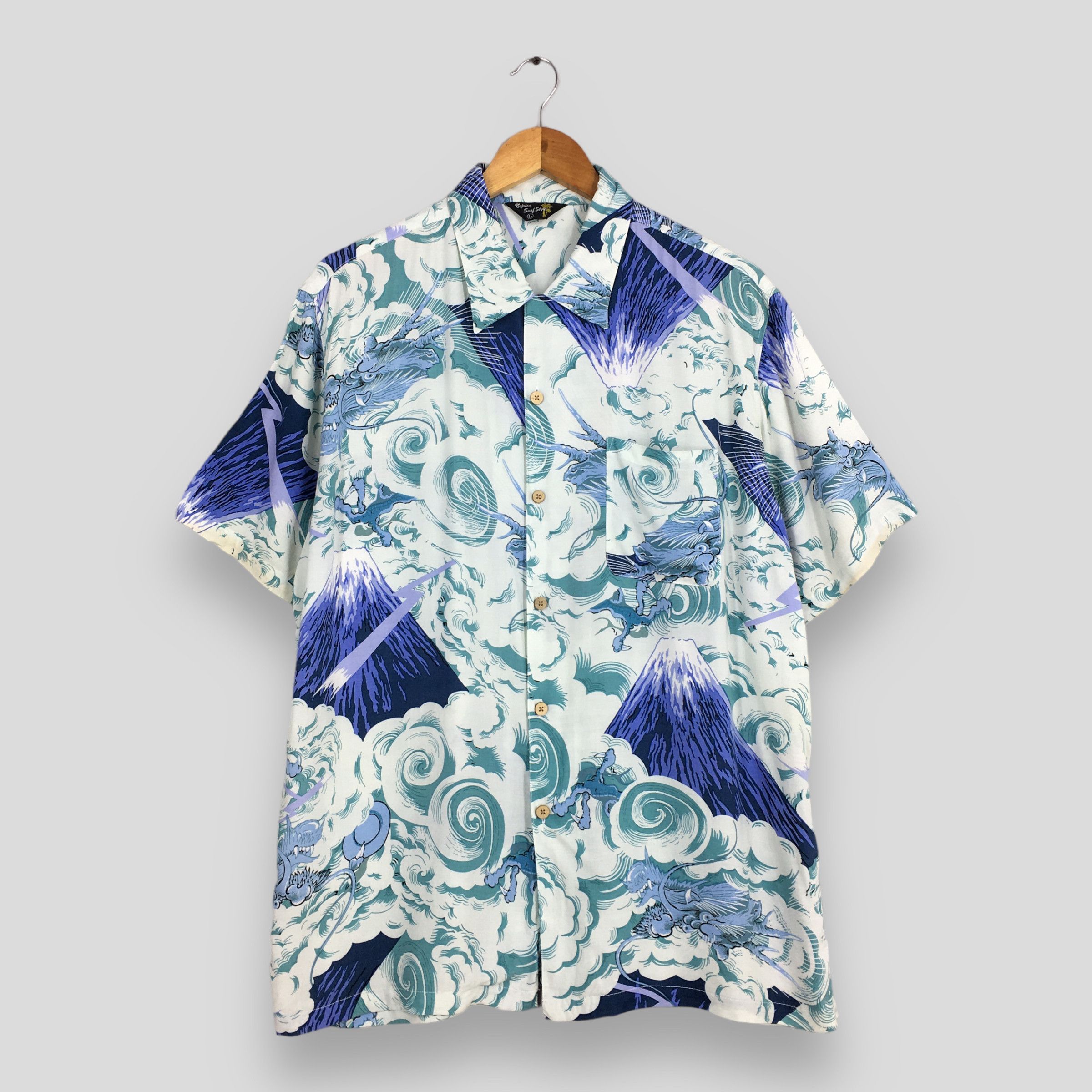 image of Aloha Wear x Hawaiian Shirt Vintage 80's Rockabilly Hawaiian Dragon Rayon Shirt Large, Men's