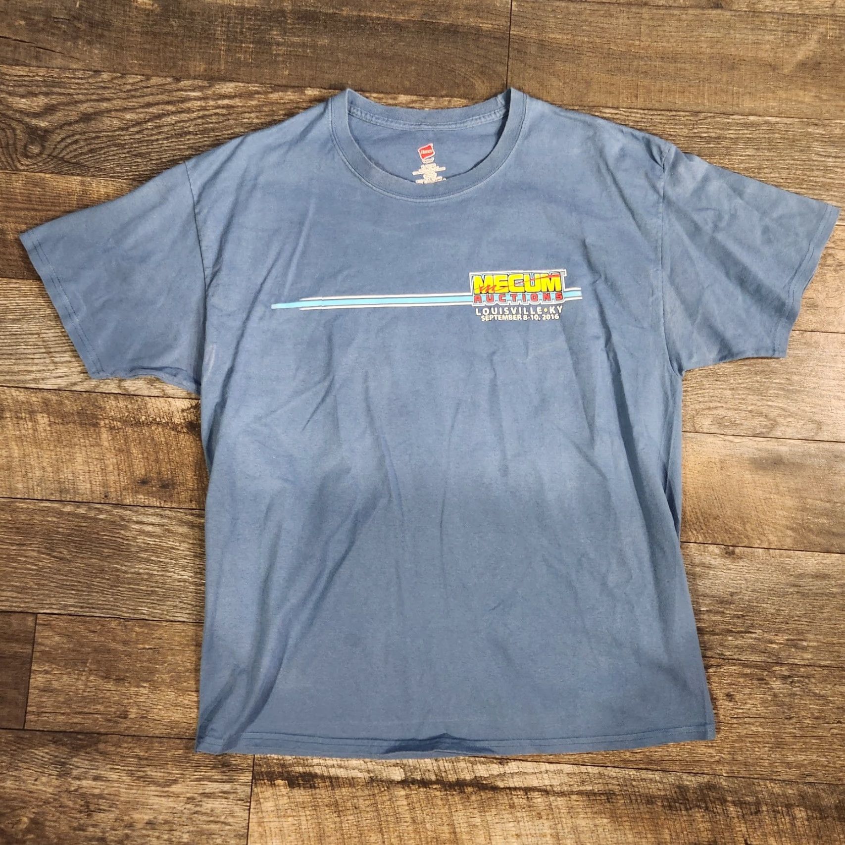 Hanes Mecum Auctions T Shirt Tee Size XL Louisville KY Auto Muscle Car Racing Blue Men's T-Shirt Graphic Print Hanes XL Blue Cars 90% Cotton 10% Polyester Size US XL / EU 56 / 4 - 3 Thumbnail