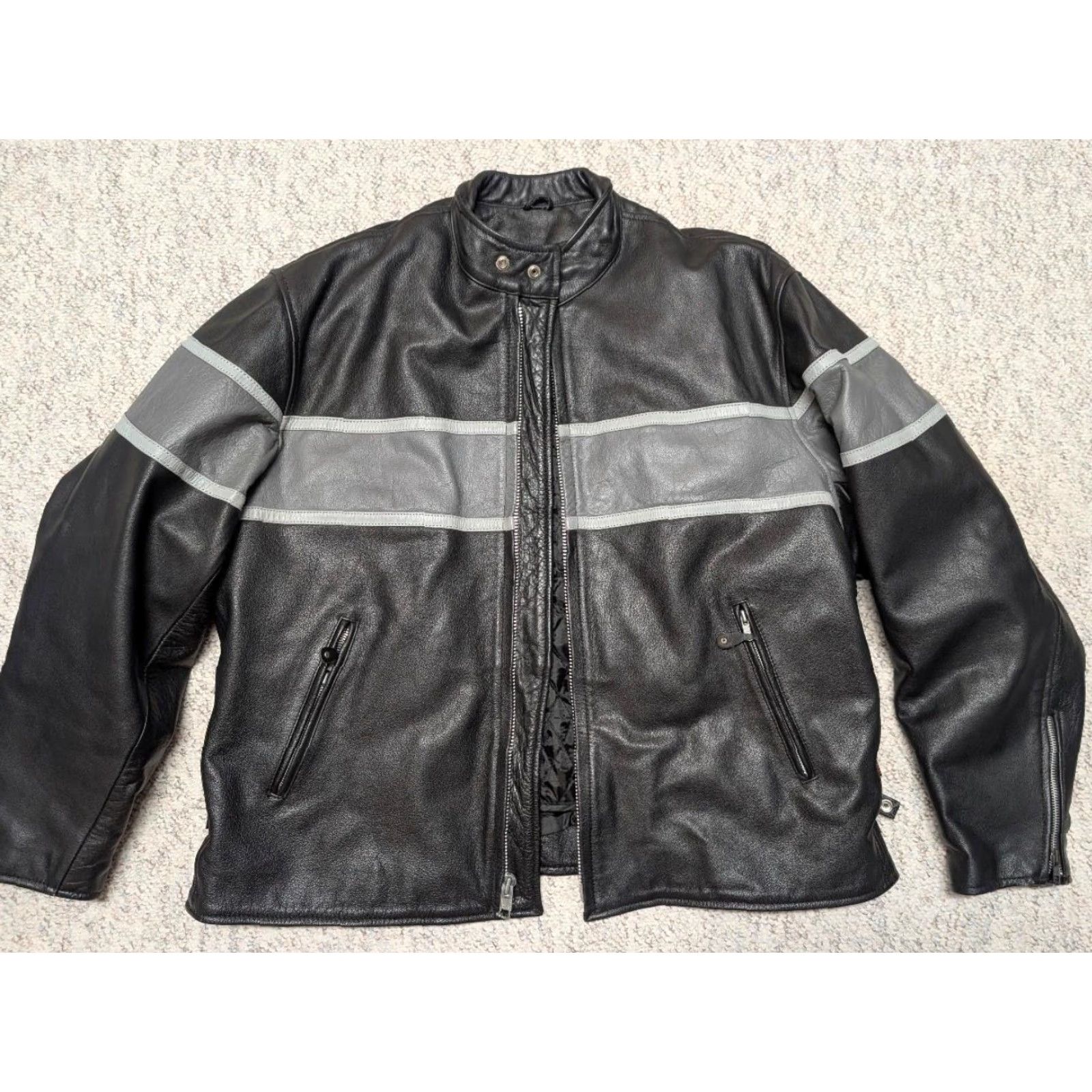 Vintage VINTAGE Hot Leathers motorcycle jacket 3XL Cafe-Racer Leather Jacket Mens Striped black gray 52 Cowhide 1990s Size US XXL / EU 58 / 5 - 6 Thumbnail