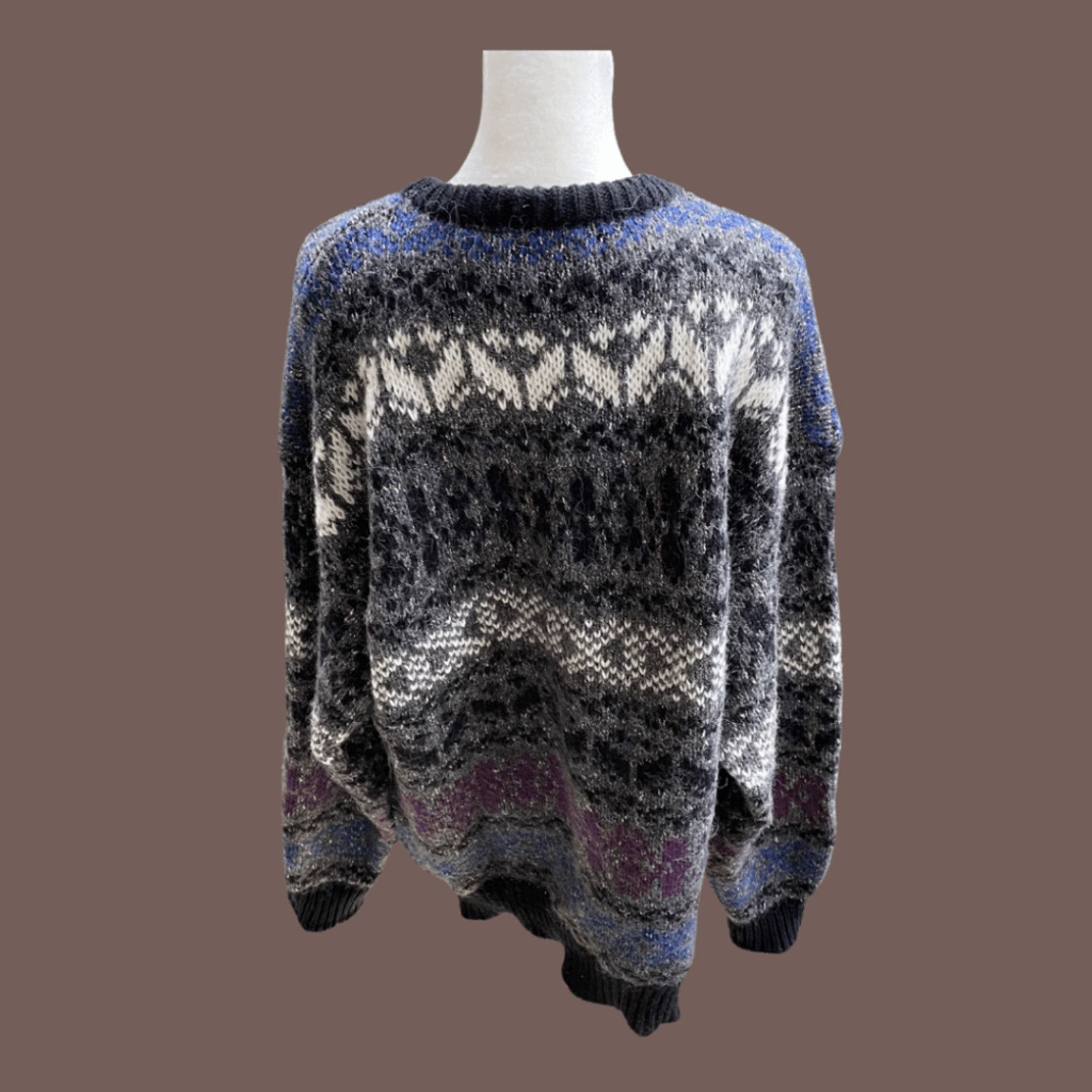 Vintage VTG Pullover Sweater | River Trader Gray Knit 80s Fair Isle Size US XL / EU 56 / 4 - 3 Thumbnail