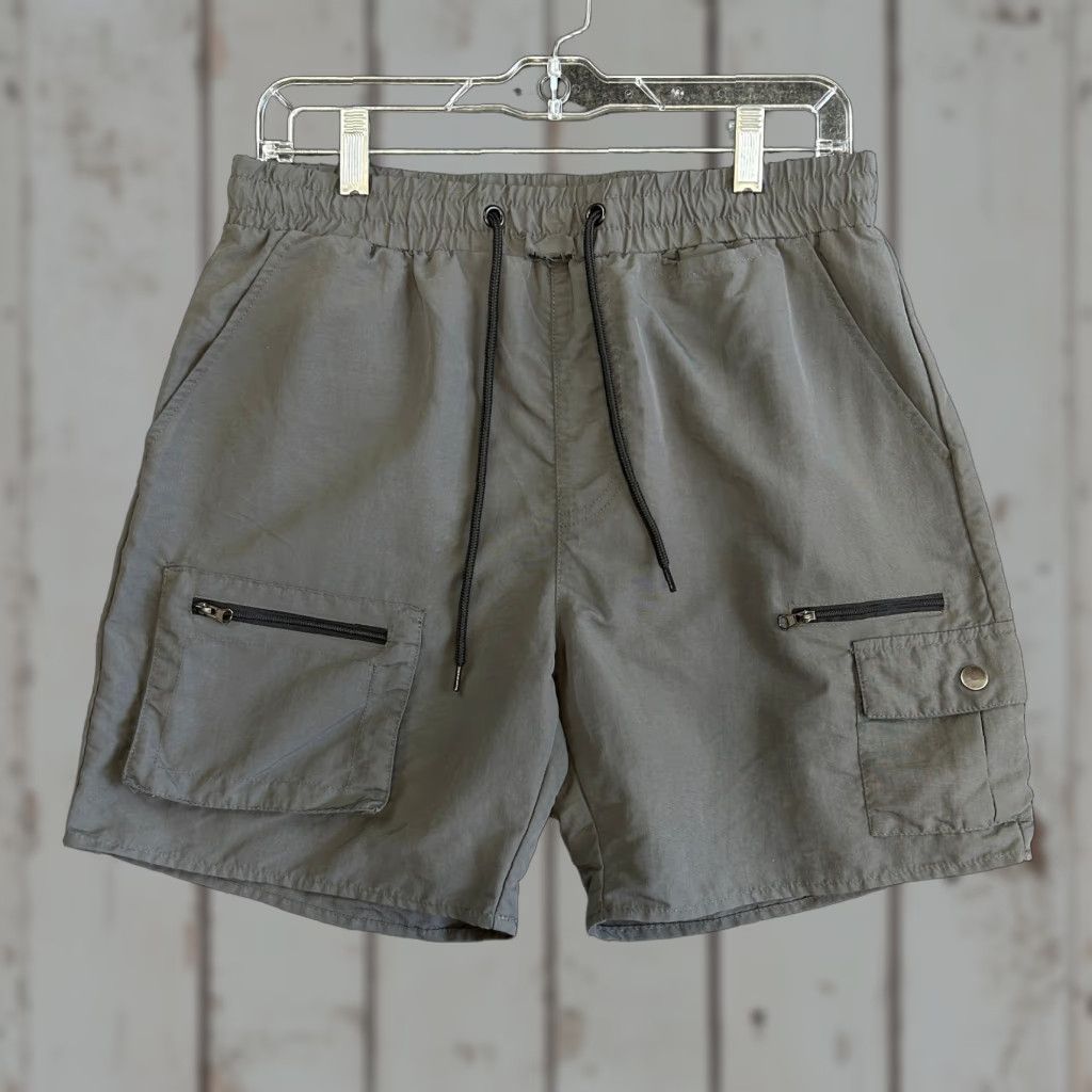 Vintage LIRA Mens Cargo Shorts Gray M Elastic Waist Drawstring 6" Inseam Multi Pocket Size US 31 - 1 Thumbnail