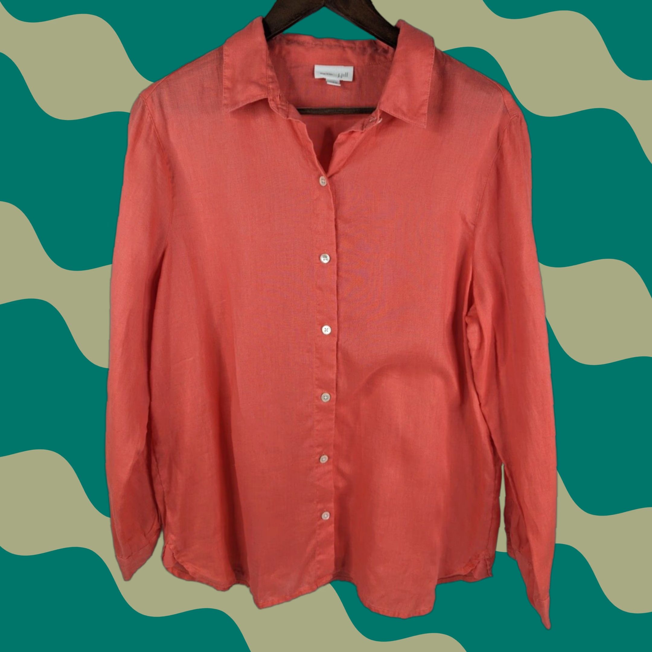 J. Jill J Jill Blouse Long Sleeve Collared Button Linen Classic Size L Orange Coral Women’s Shirt Blouse 703923 Size L / US 10 / IT 46 - 1 Thumbnail