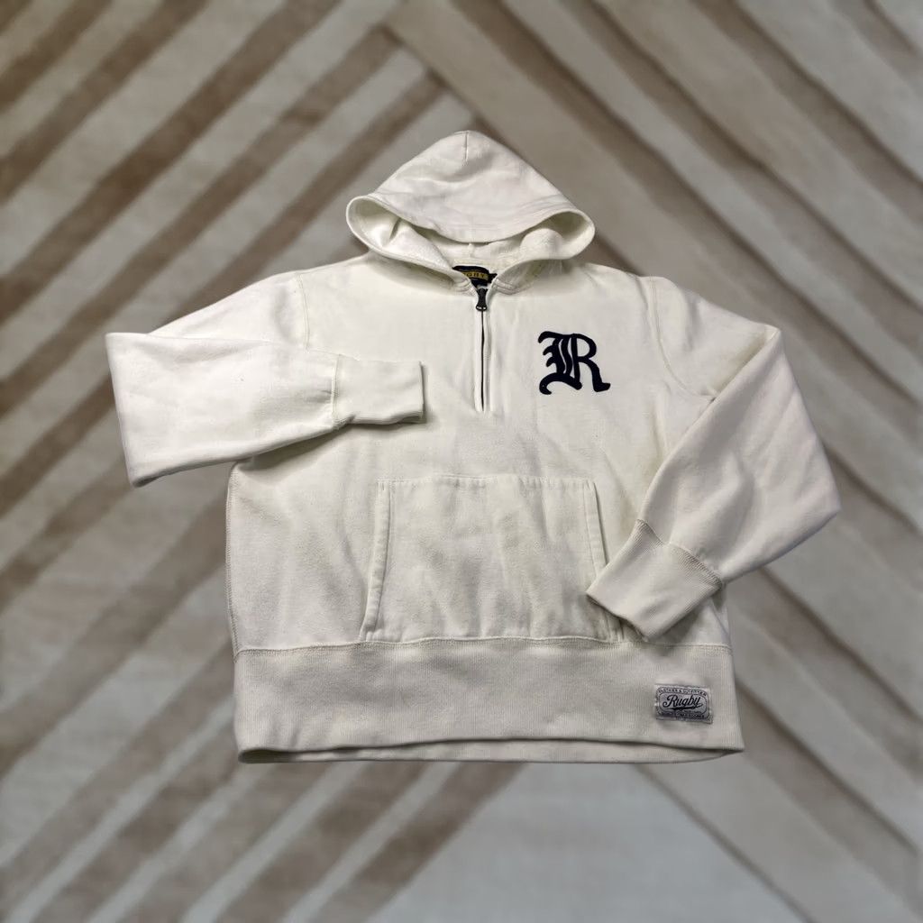 Ralph Lauren VINTAGE Rugby Ralph Lauren Hoodie Sweatshirt 1/4 Zip Pullover Gothic R Men Large White Cotton Knit Regular Hooded Pockets Logo Button Size US L / EU 52-54 / 3 - 1 Thumbnail