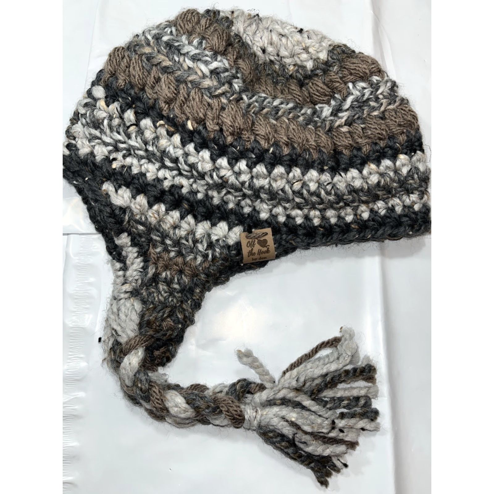Off The Hook Off The Hook By Jen Womens Hat One Size Gray Tan White Chunky Knit Hand Made Winter Braided Hang Ties OS warm Size ONE SIZE - 7 Thumbnail