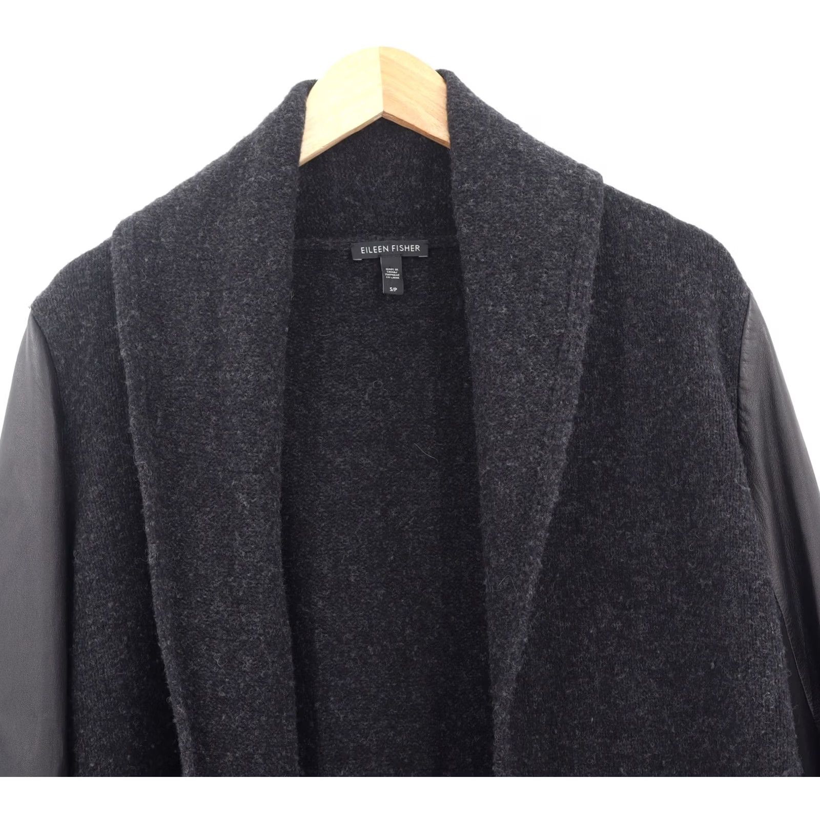 Eileen Fisher Eileen Fisher Cardigan Women Wool Body Leather Sleeves Shawl Open Lightweight Black Size Small P Short PS Petite Size S / US 4 / IT 40 - 3 Thumbnail