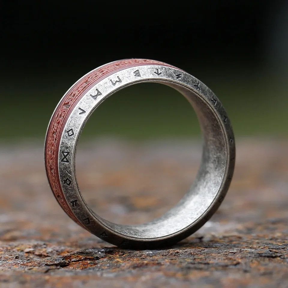 Jewelry × Vintage New Design 316L Stainless Steel Viking Runes Rosewood Ring Size ONE SIZE - 4 Thumbnail