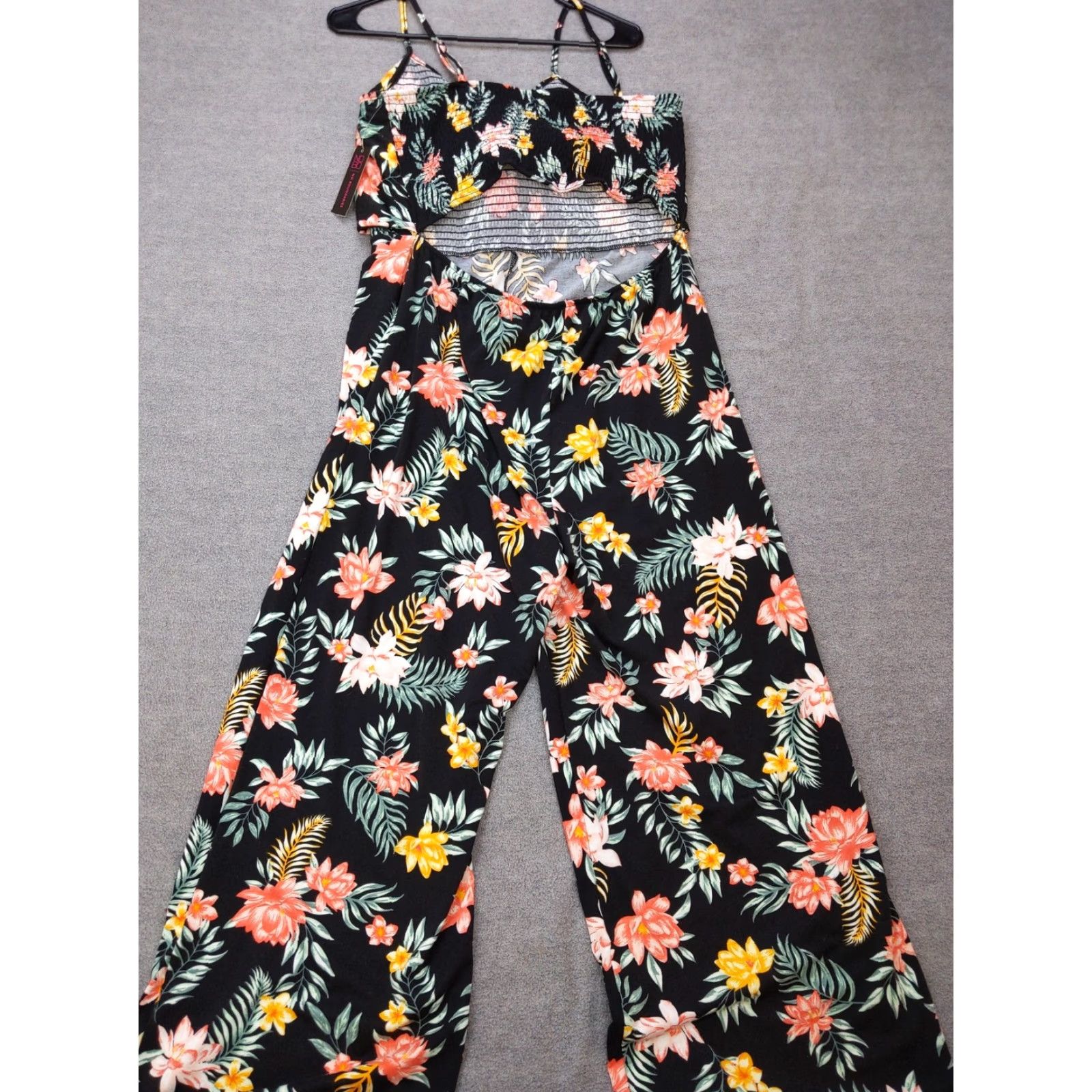 Vintage No Boundaries Jumpsuit Womens XL Black Floral Wide Leg Smocked Tie Front Summer Size 40" / US 18 - 5 Thumbnail