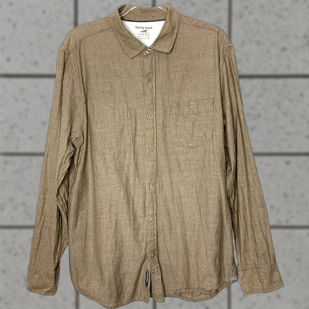 Vintage Horny Toad Mens Button-Up Shirt L Long Sleeve Casual Organic Cotton Tan Striped 98% Organic Cotton 2% Spandex Button-Down Collar Mens Size US L / EU 52-54 / 3 - 1 Thumbnail