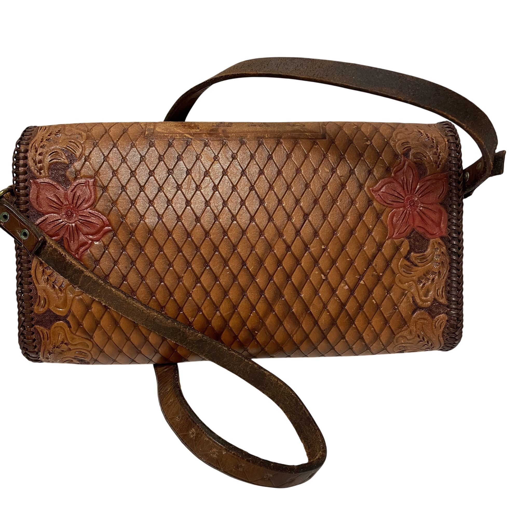 Handmade Vtg Hand Tooled Leather Hand Bag Red ROSE Floral Purse Size ONE SIZE - 2 Thumbnail