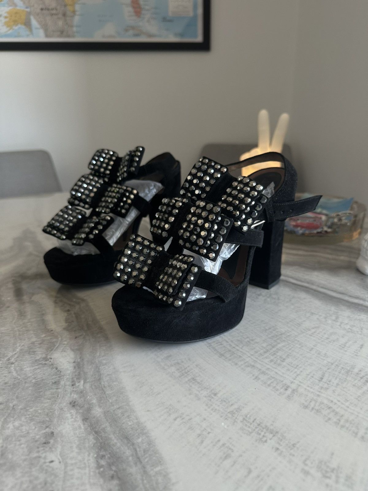 Marni Marni Black Suede Rhinestone Studded Platform Sandals Size US 9 / IT 39 - 2 Thumbnail