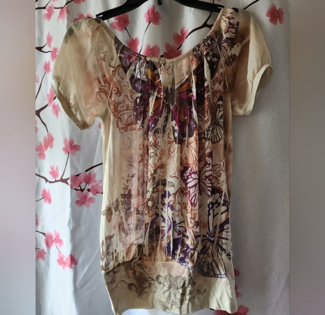 Unknown London NWOT F.A.N.G Sheer Beige Butterfly Floral Tunic S Size S / US 4 / IT 40 - 4 Thumbnail