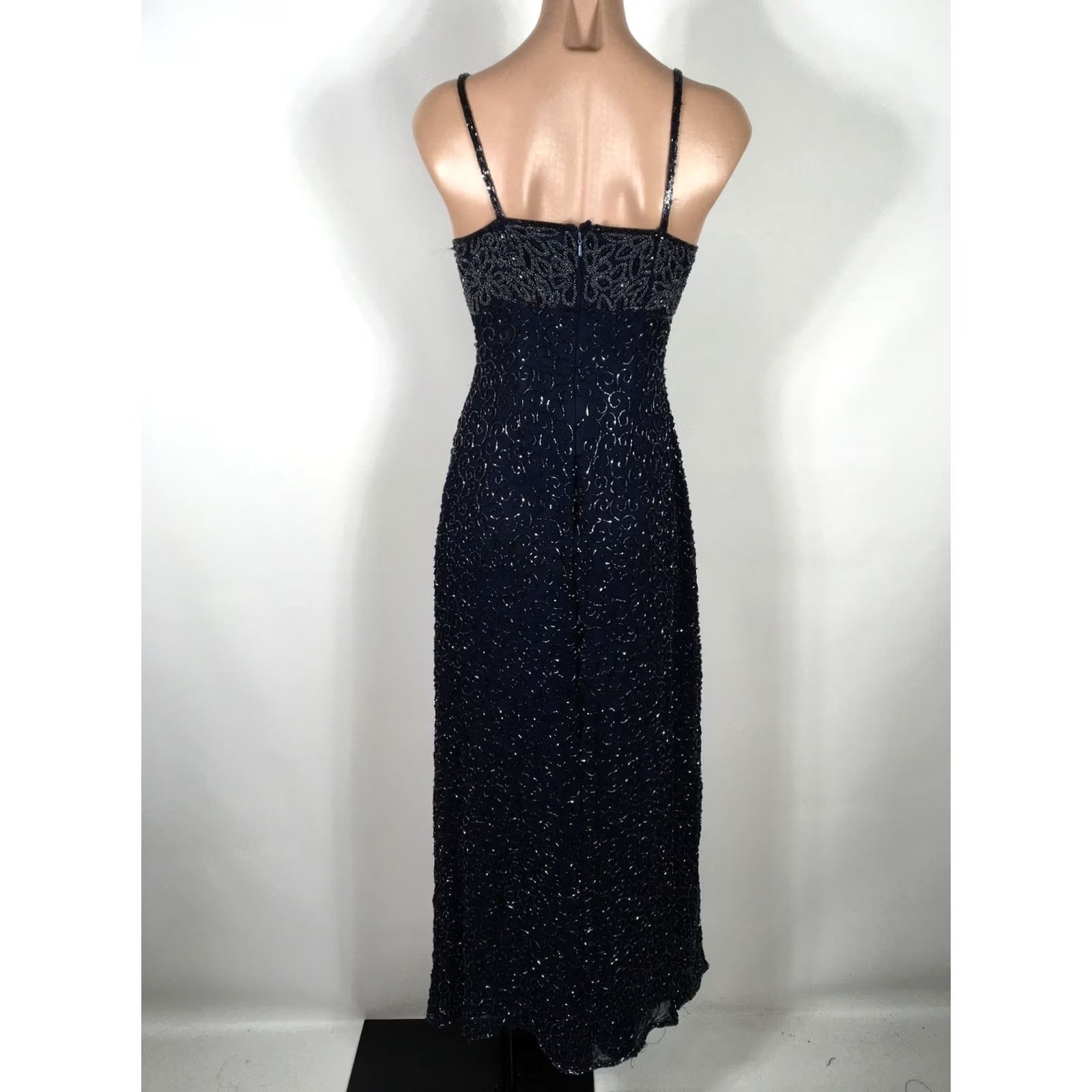 Vintage VINTAGE Scala Long Silk Beaded Open Sequin Square Neck Blue Gown M Dress, Ball Gown, A-Line, Formal, Women's Velvet Blue Silk, Vintage Scala Size M / US 6-8 / IT 42-44 - 6 Thumbnail