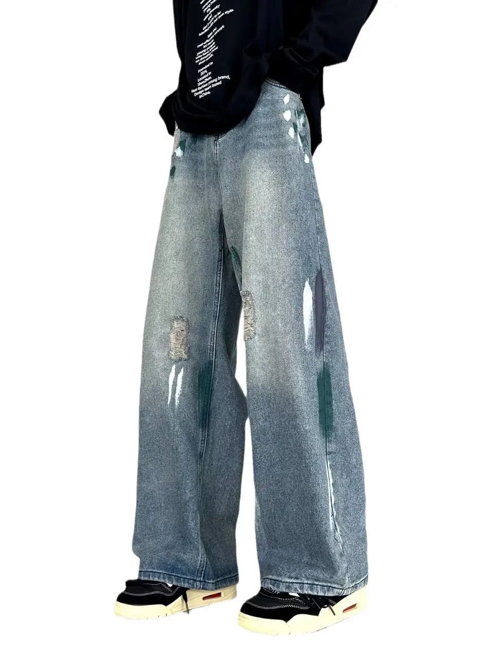 Japanese Brand Retro wide leg straight leg loose ripped jeans Size US 34 / EU 50 - 4 Thumbnail