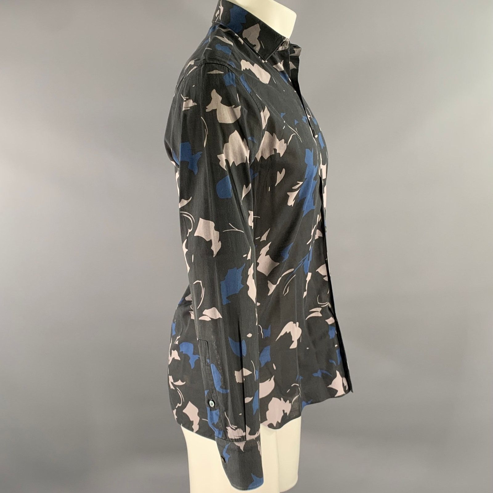 Lanvin LANVIN Black Grey Blue Abstract Floral Cotton Long Sleeve Size US S / EU 44-46 / 1 - 3 Thumbnail