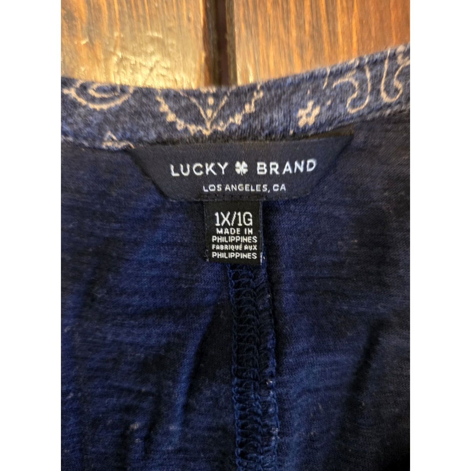 Lucky Brand Lucky Brand Navy Blue Floral Paisley Print 3/4 Sleeve Top Plus 1X Womens Blouse Cotton Modal Split Neck Boho Casual Shirt Size XL / US 12-14 / IT 48-50 - 6 Thumbnail