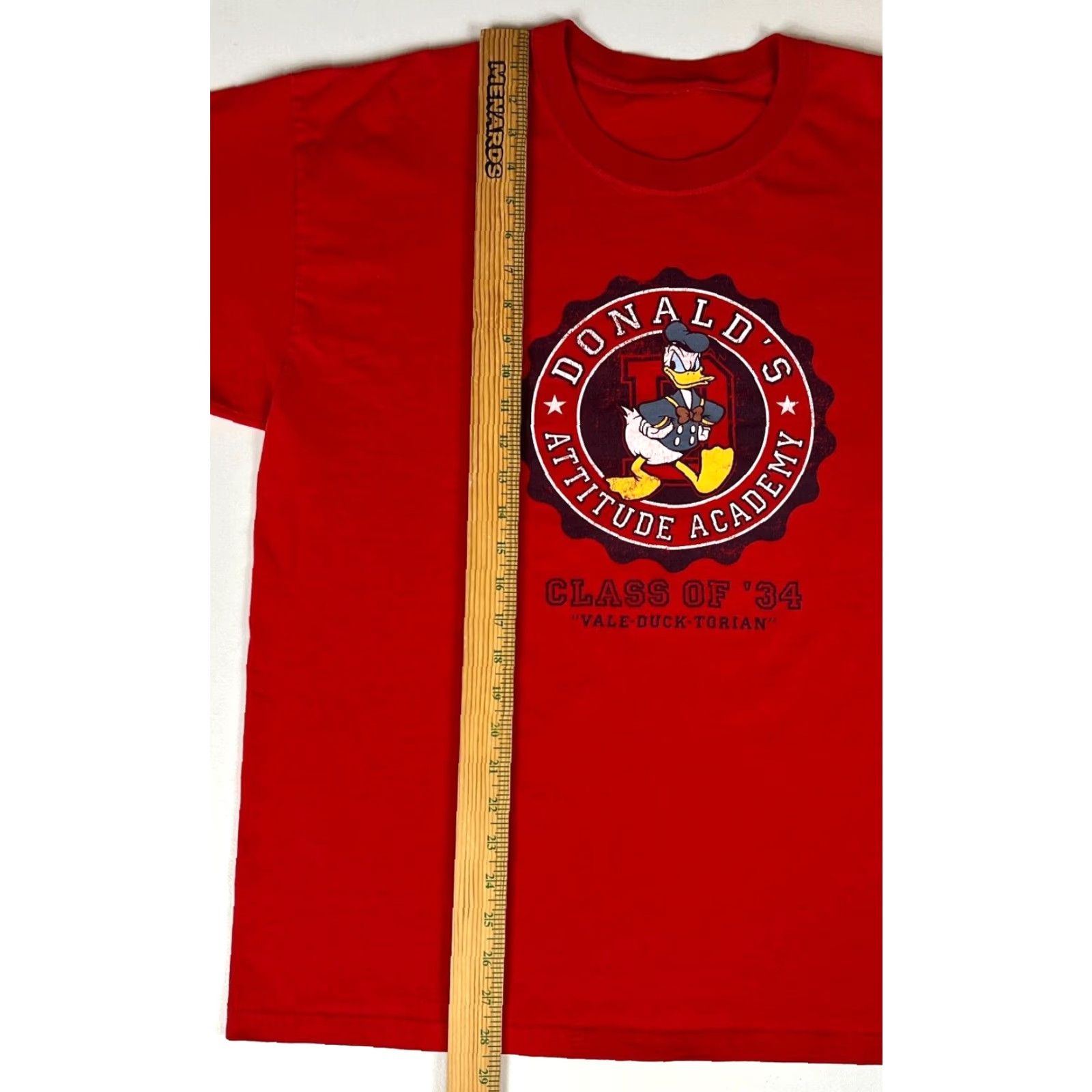 Disney VINTAGE Walt Disney World Men's T-Shirt Class of '34 Donald's Attitude Academy Sz L Red Crew Neck Short Sleeve Graphic Print (Double-Sided) Size US L / EU 52-54 / 3 - 5 Thumbnail