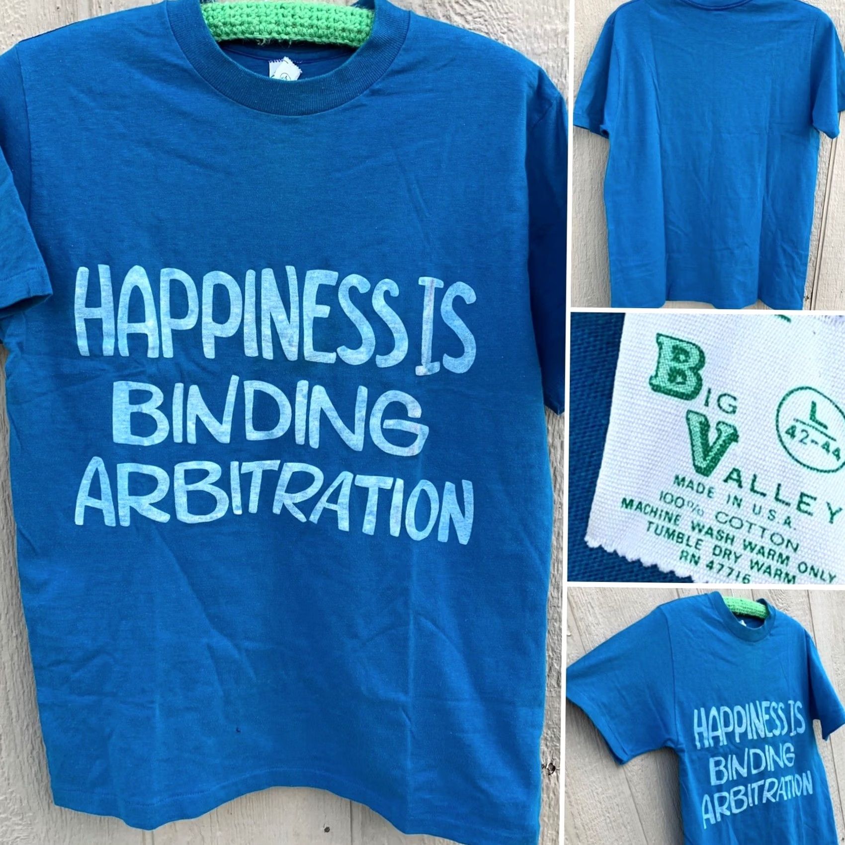 Vintage VINTAGE Happiness Is Binding Arbitration t shirt Big Valley Mens Large Blue Cotton Graphic Tee 70s 80s RN 47716 Size US L / EU 52-54 / 3 - 2 Thumbnail
