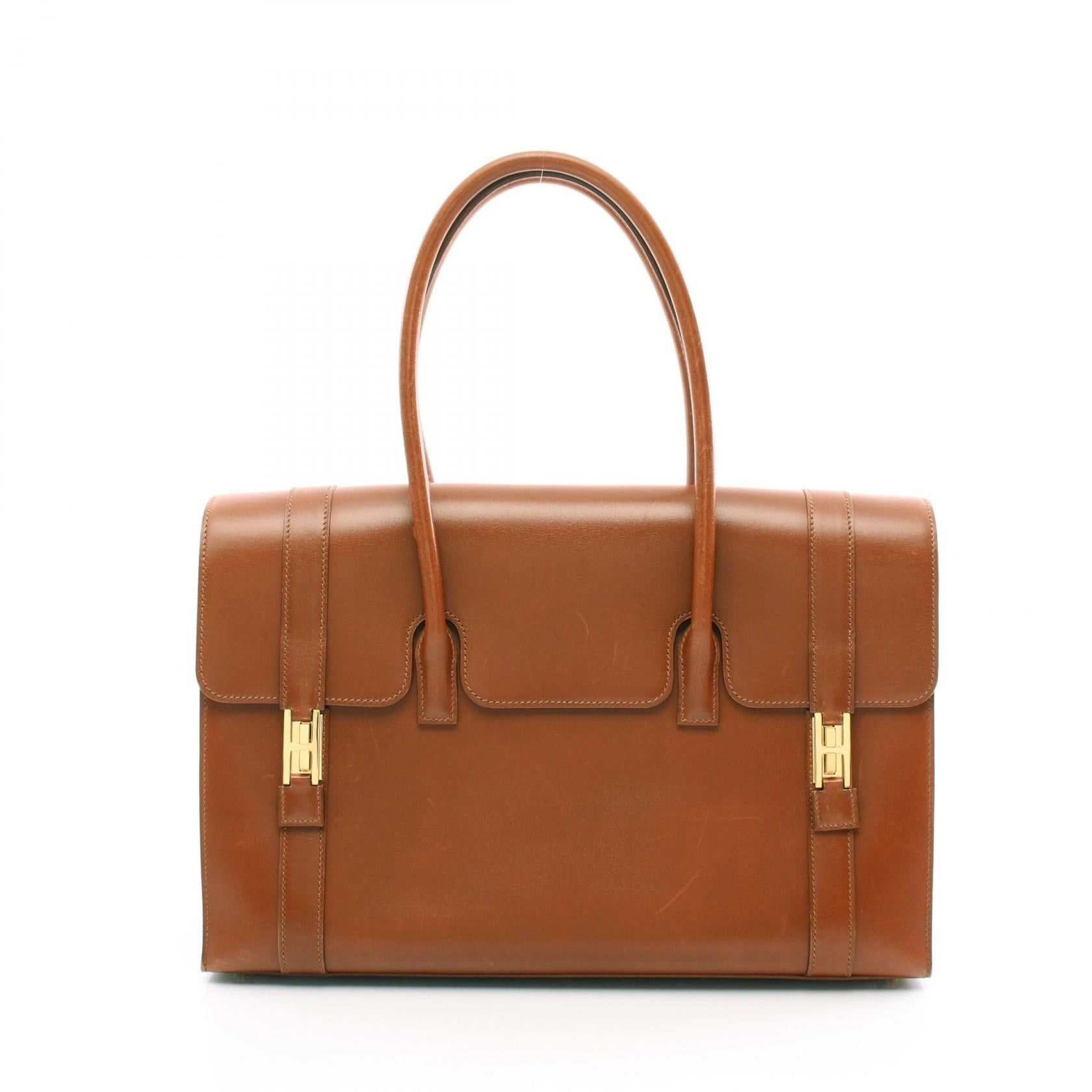 Hermes Drag 37 Cognac Handbag Box Calf Brown Gold Hardware Stamp