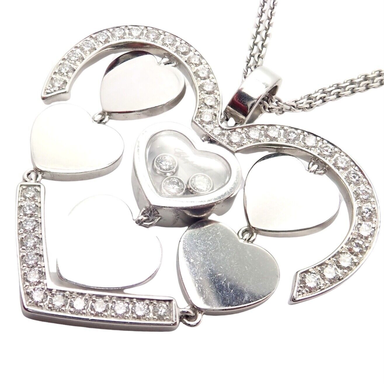 18k White Gold Large Double Happy Hearts Diamond Necklace