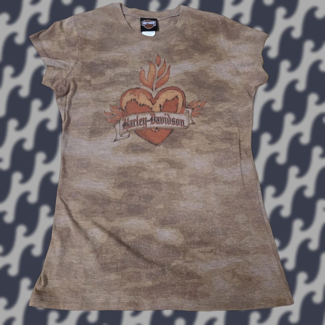 Harley Davidson VINTAGE Harley-Davidson Shirt Womens Large Brown Camouflage Heart Flame San Diego California Tee Size L / US 10 / IT 46 - 1 Thumbnail