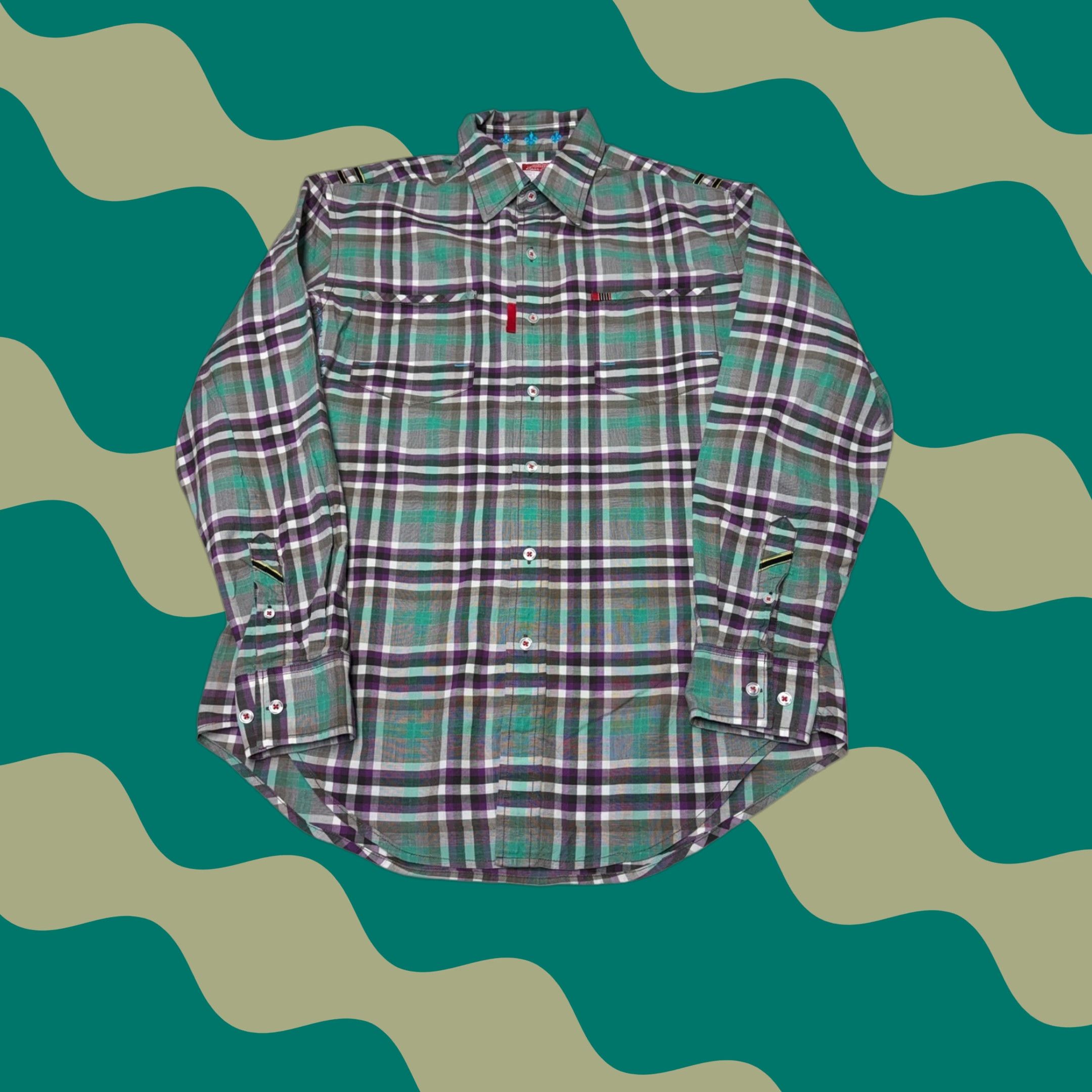 Robert Graham Robert Graham Freshly Laundered Shirt Mens Medium Green Purple Plaid Cotton L/S Shirt Size US M / EU 48-50 / 2 - 1 Thumbnail