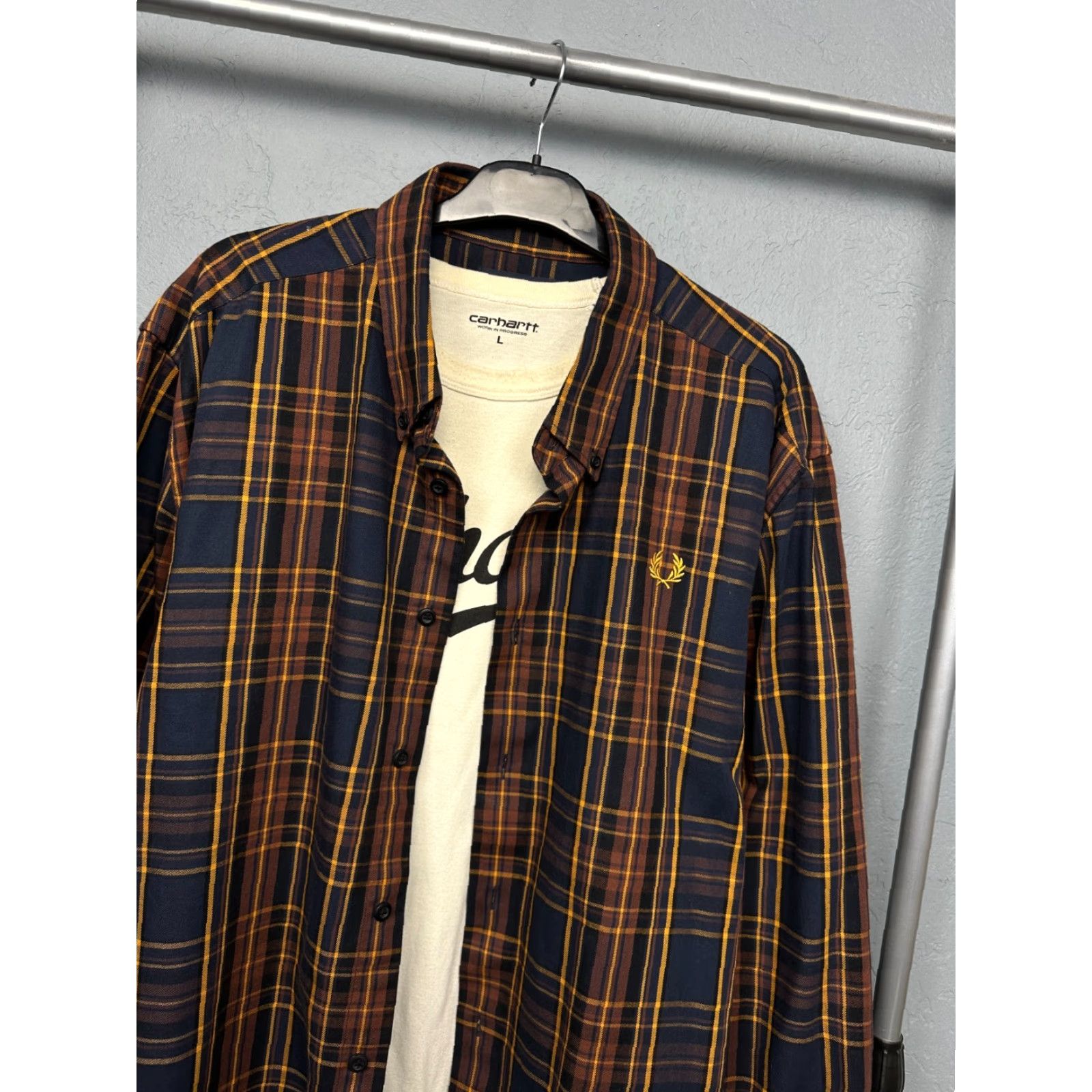Fred Perry Mens Heavy Cotton Long Sleeve Shirt XXL Size Check Button-Up  Casual Mens Shirt