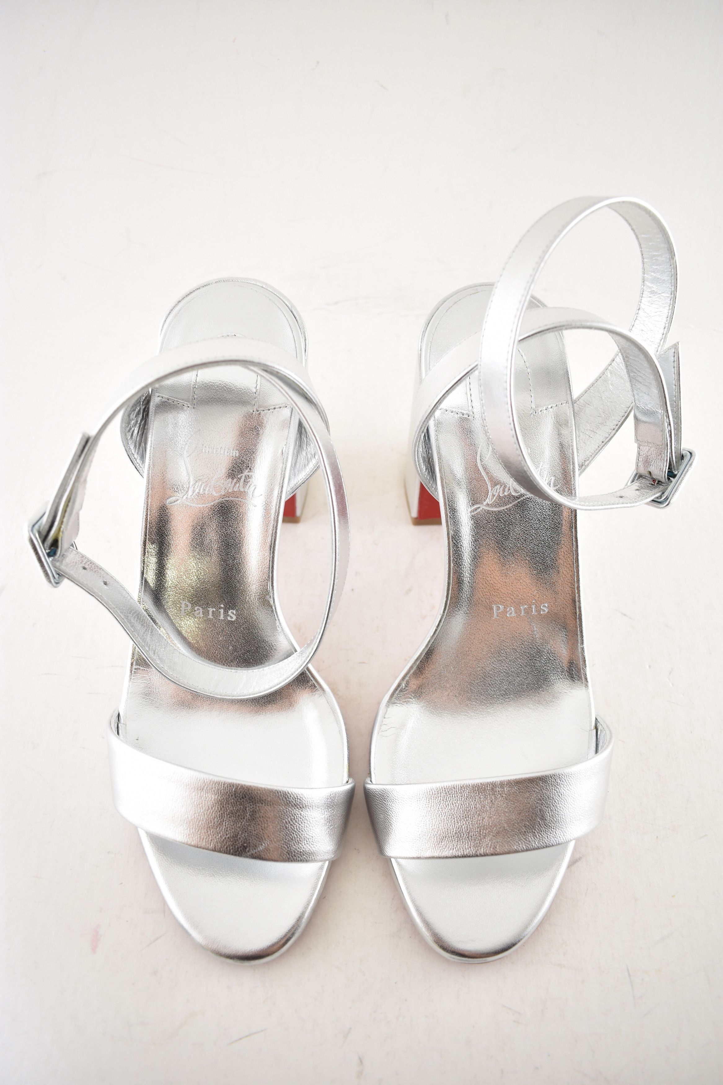 Christian Louboutin Miss Sabina 85 Silver Ankle Strap Block Heel Sandal 37 Size US 7 / IT 37 - 9 Thumbnail