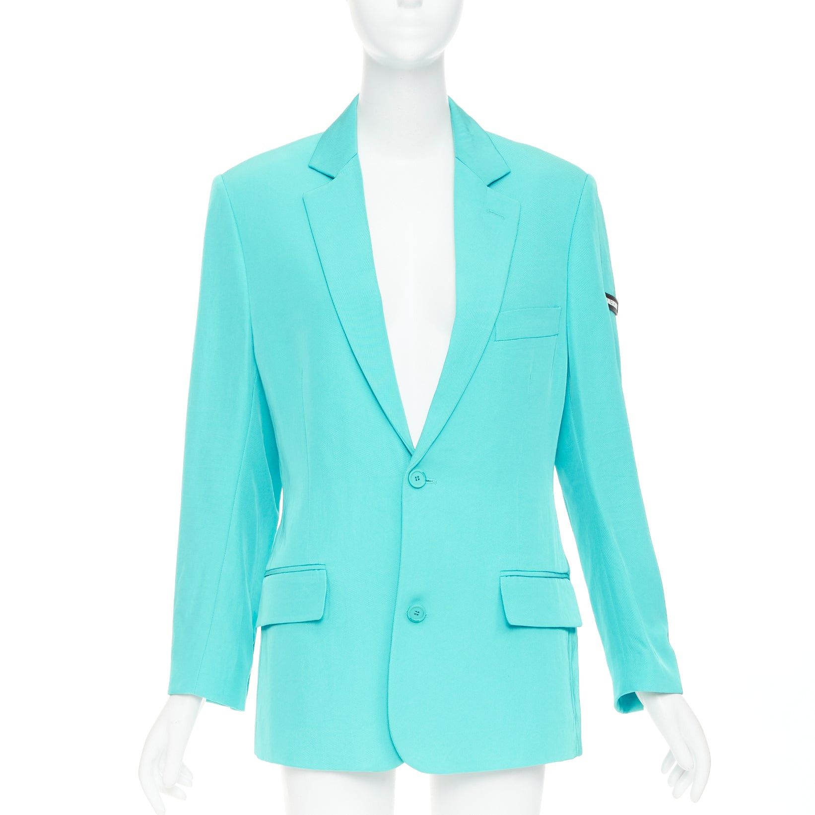 BALENCIAGA 2022 bright turquoise creased twill rubber logo oversized blazer jacket FR34 XS