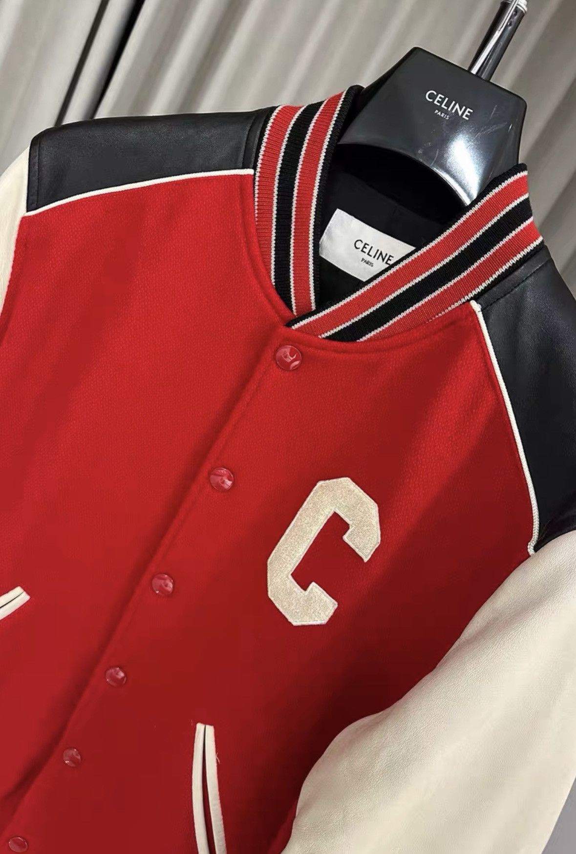Celine Celine Red Leather Sleeves Varsity Jacket Size US L / EU 52-54 / 3 - 3 Thumbnail